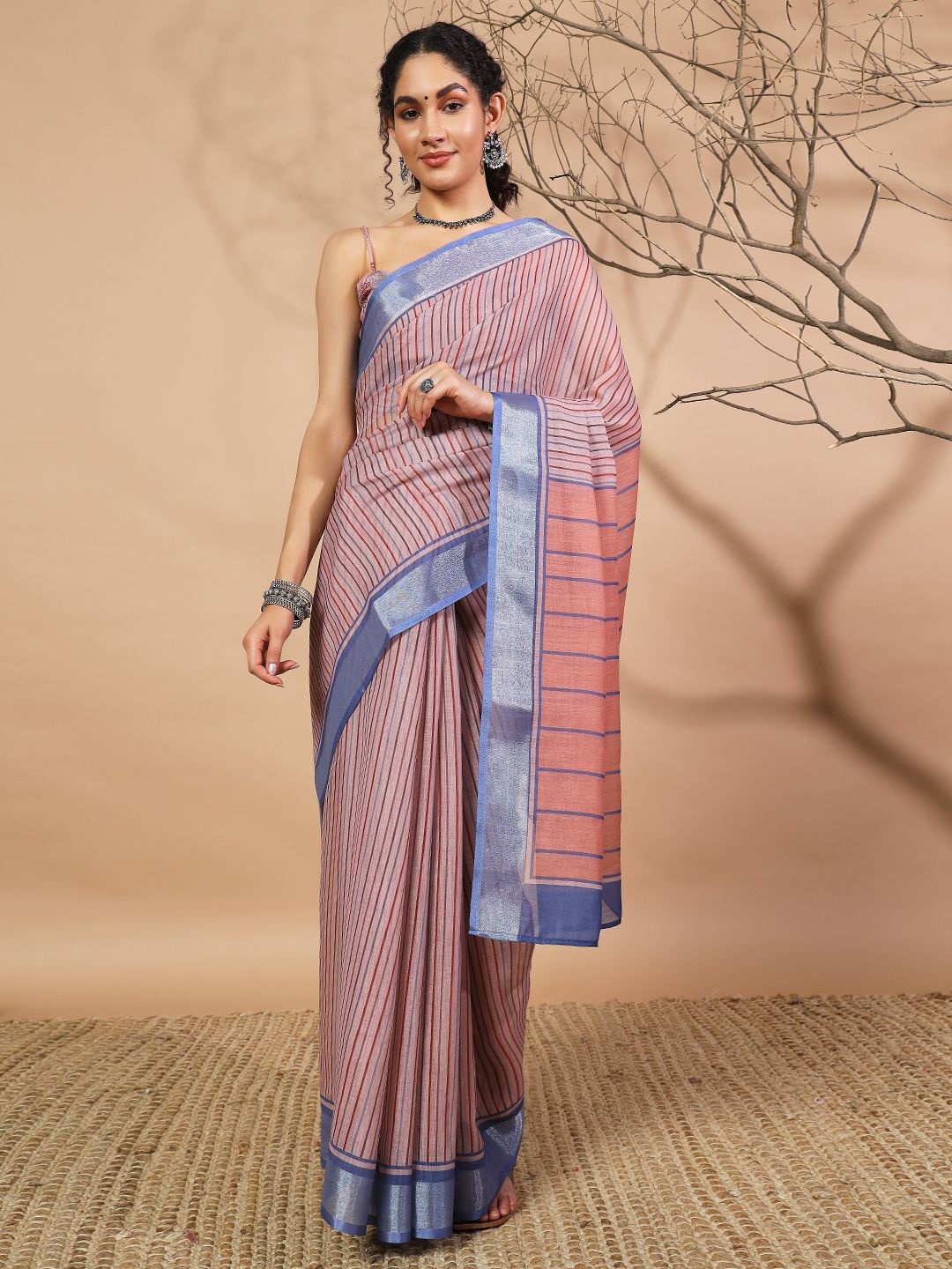 

RACHNA Striped Printed Woven Design Zari Saree, Rust