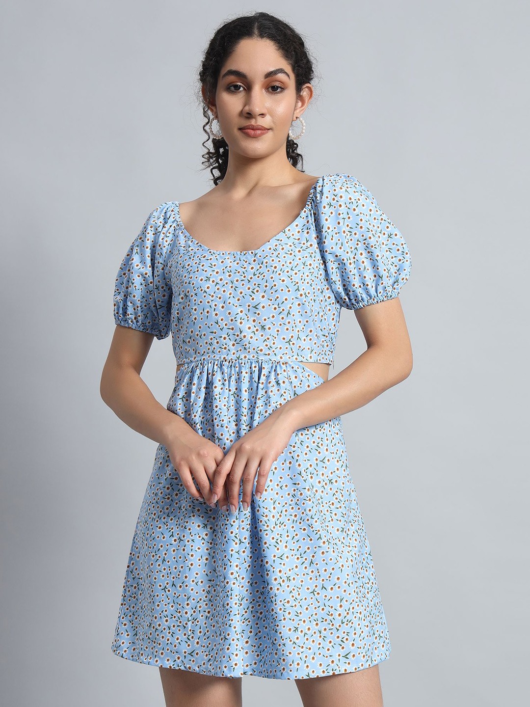 

Mehrang Women Floral Printed Puff Sleeve Fit & Flare Mini Dress, Blue