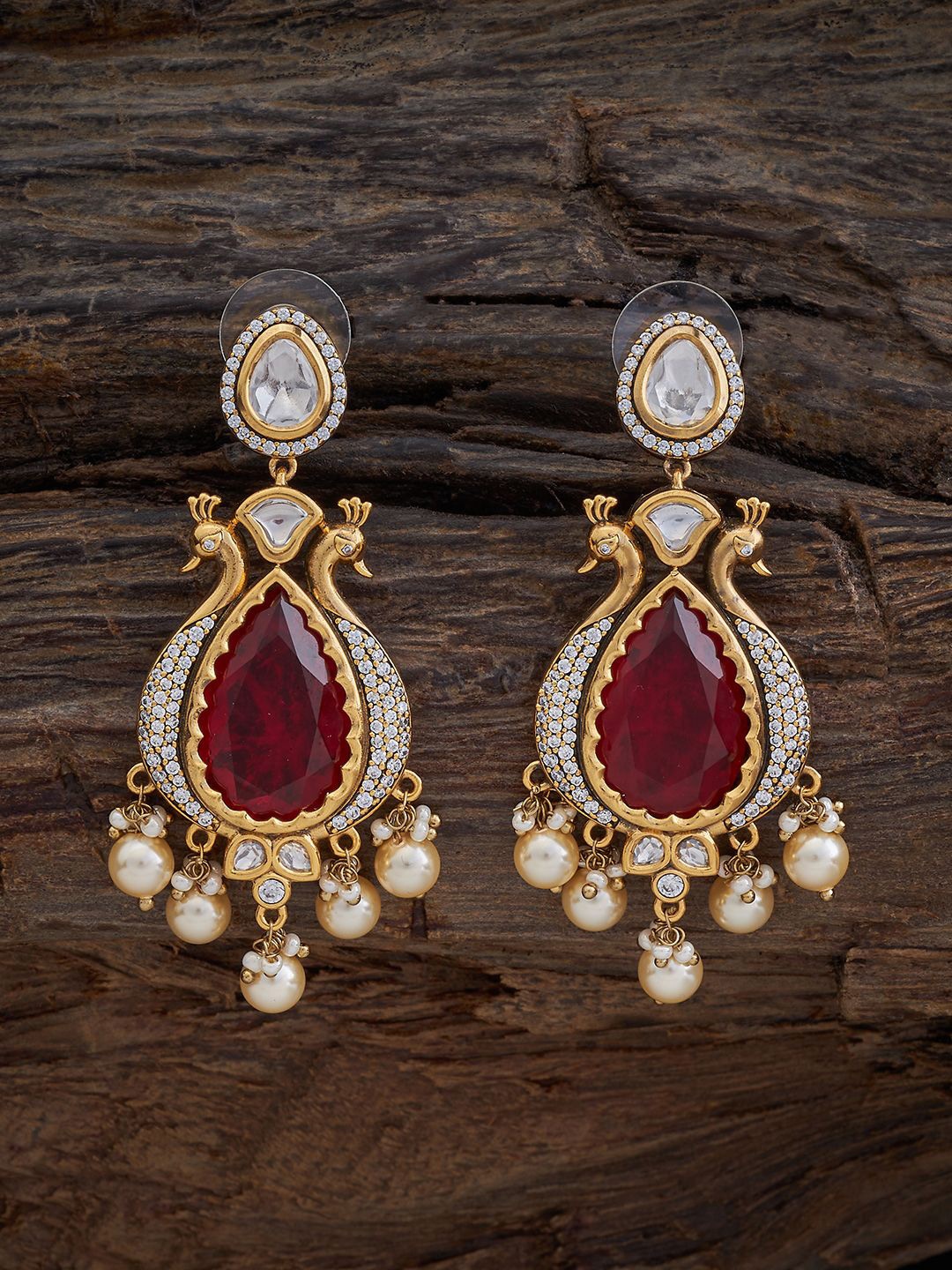 

Kushal's Fashion Jewellery Kundan Studded Teardrop Shaped Drop Earrings, Gold