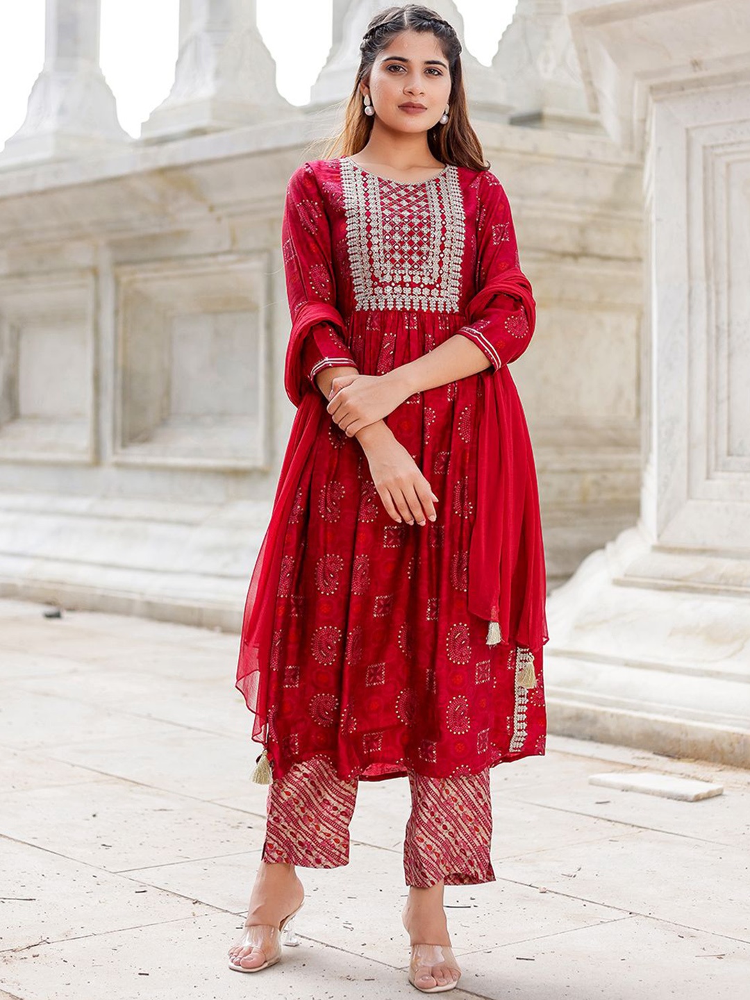 

Chandbaali Women Ethnic Motifs Embroidered Empire Pure Cotton Kurta with Palazzos & With Dupatta, Red