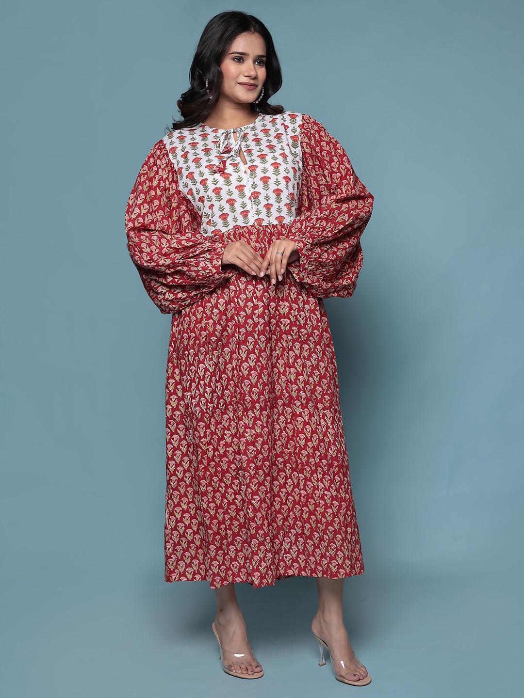 

Bohekant Floral Printed Flared Sleeve Fit & Flare Maxi Cotton Dress, Red