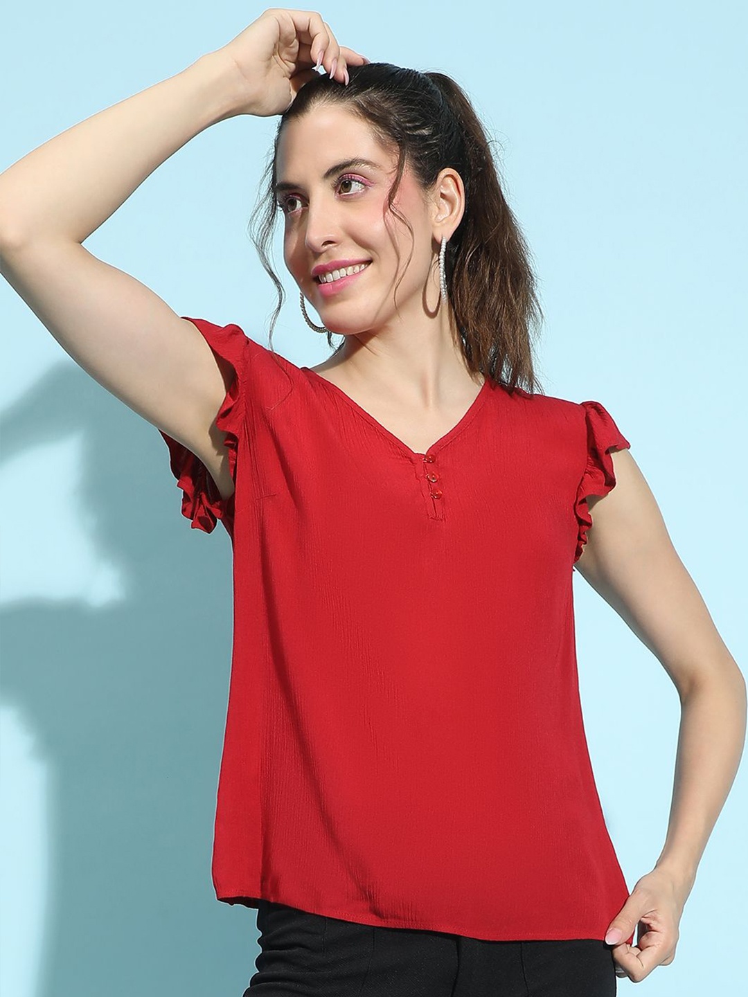 

Oxolloxo Women Solid V-Neck Top, Red