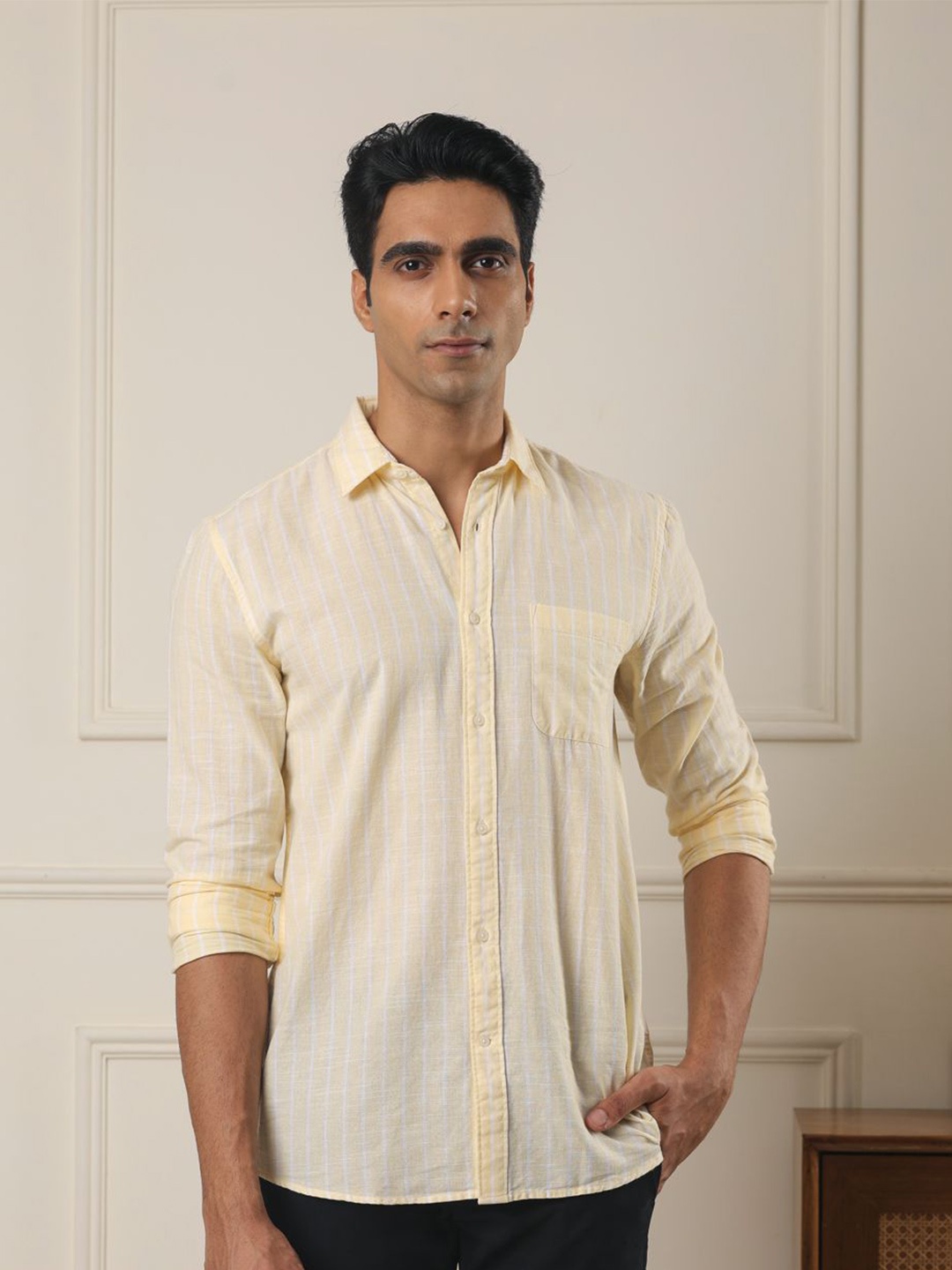 

SUBTRACT Men Spread Collar Vertical Striped Cotton Casual Shirt, Yellow