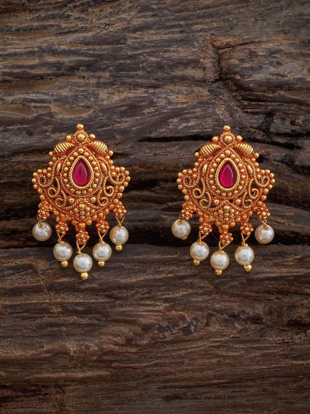 

Kushal's Fashion Jewellery Gold-Plated Artificial Beads Teardrop Shaped Studs Earrings, Red