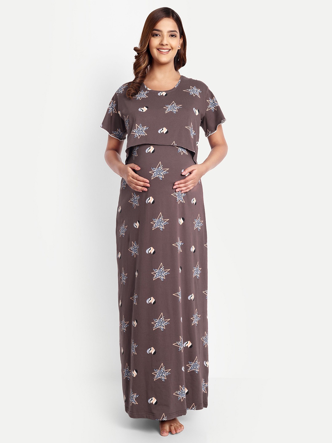 

THE MAMA KLUB Printed Maxi Nightdress, Brown