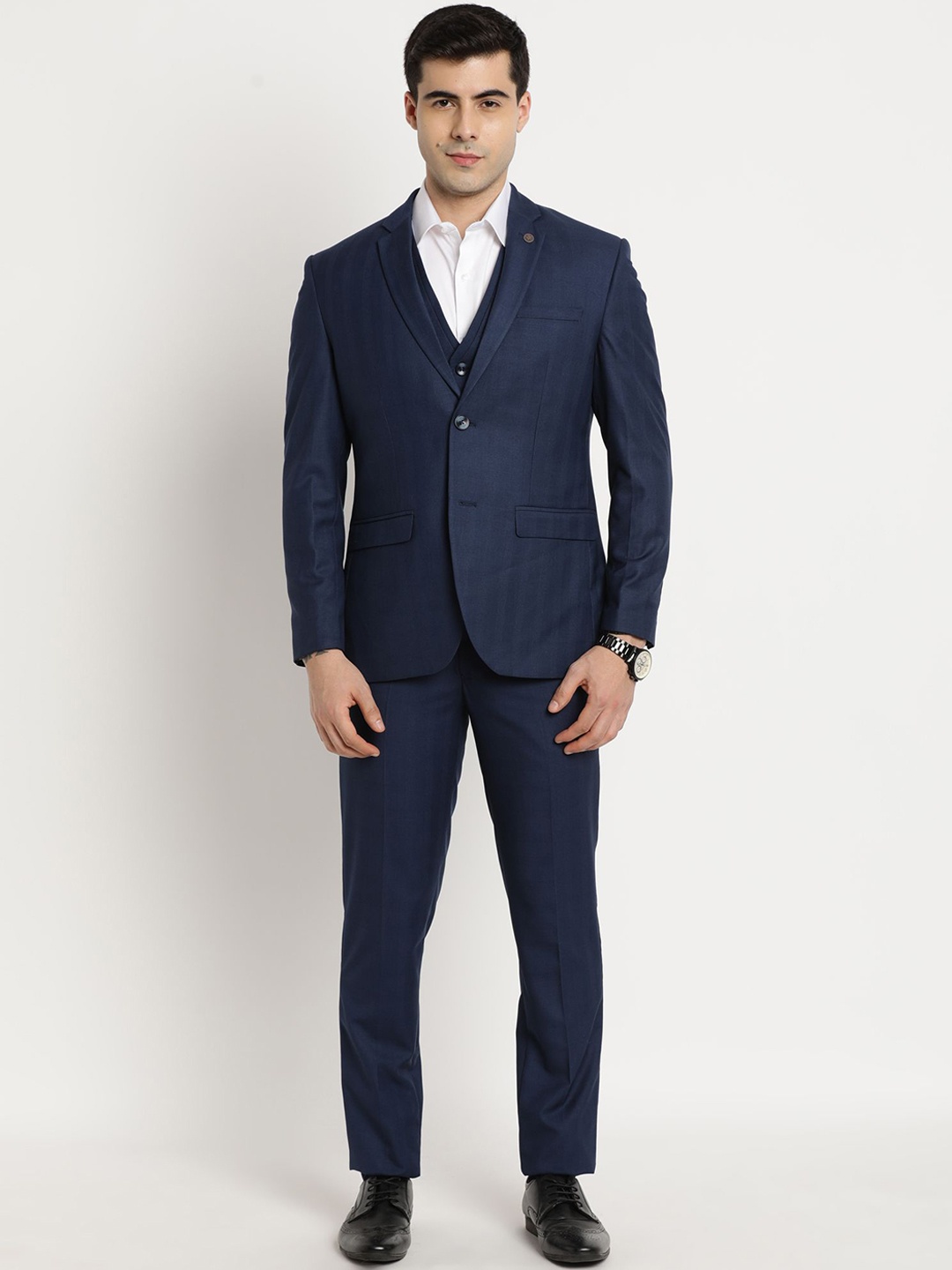 

Turtle Men Checkered Regular-Fit Blazer and Waistcoat with Trousers Formal Suit, Navy blue