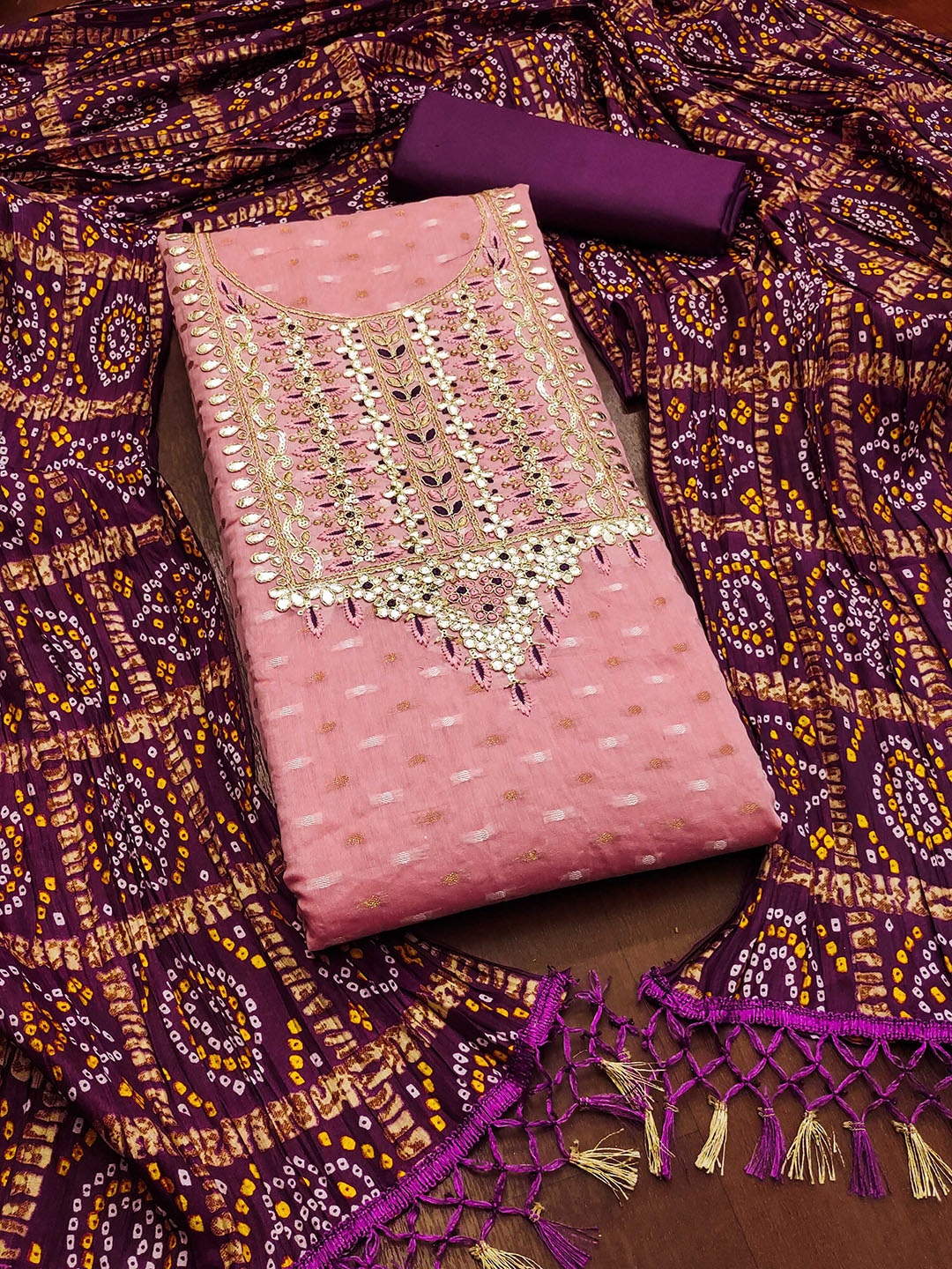 

KALINI Ethnic Motifs Embroidered Beads and Stones Unstitched Dress Material, Pink