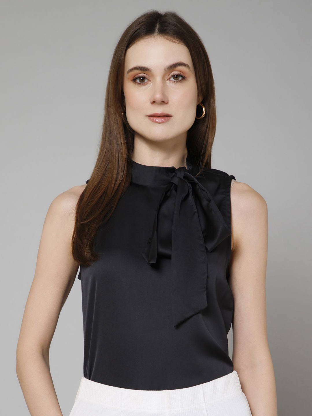 

PURYS WORKSPACE Women Solid Tie-Up Neck Top, Black