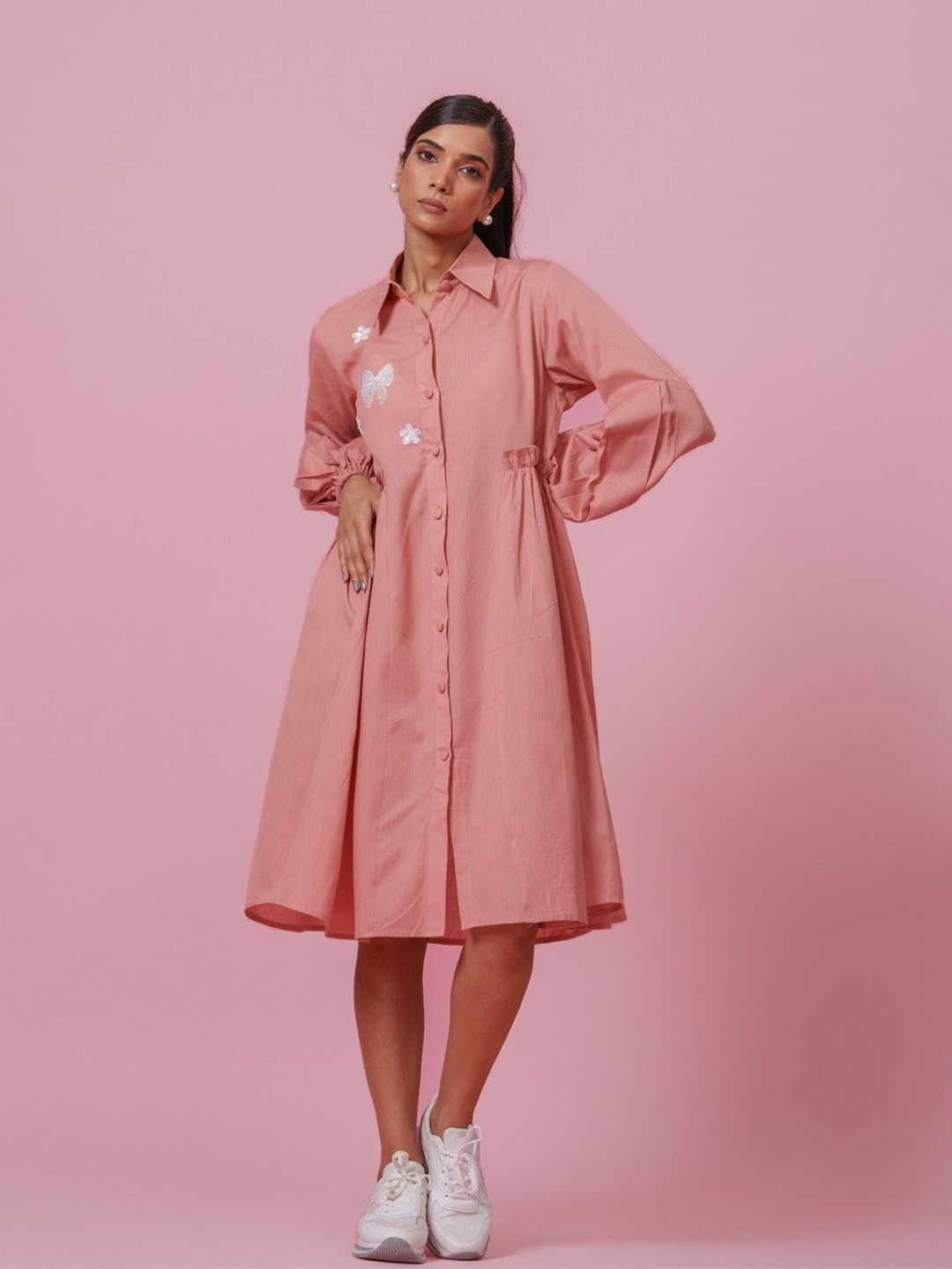 

KINA Puff Sleeve Shirt Dress, Pink