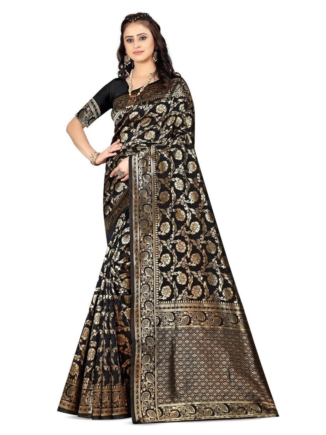 

QENY Woven Design Zari Pure Silk Banarasi Saree, Black