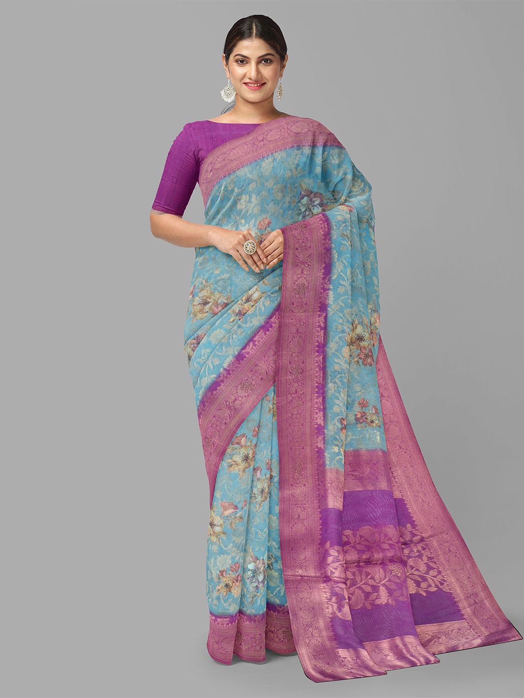 

The Chennai Silks Floral Beads and Stones Organza Banarasi Saree, Blue