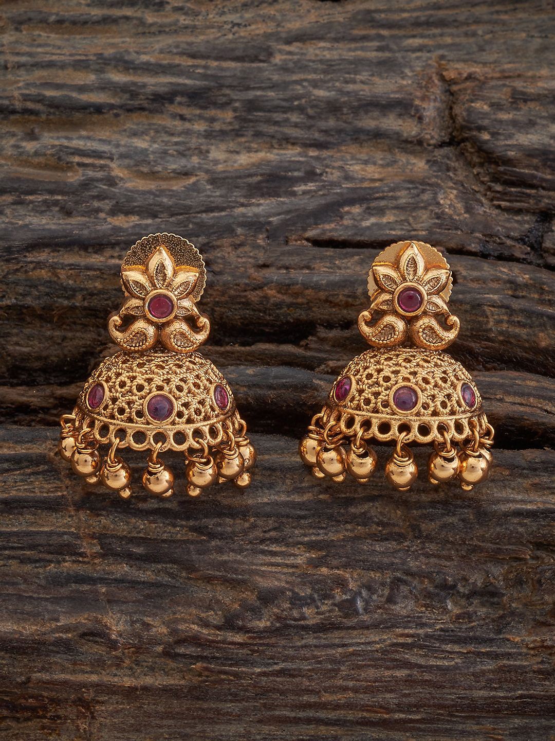 

Kushal's Fashion Jewellery Gold Plated Dome Shaped Antique Jhumkas, Red