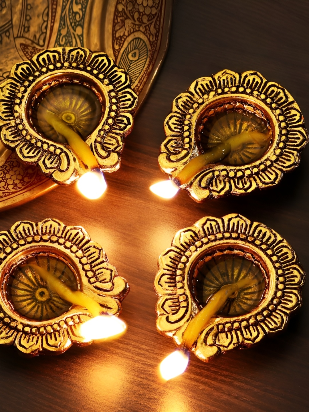 

IndianShelf Aluminium Gold Finish 4 Pieces Aarti Diyas for Home Decoration Diwali Diya