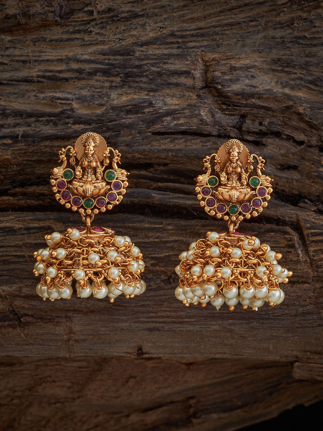 

Kushal's Fashion Jewellery Gold Plated Dome Shaped Artificial Beads Antique Jhumkas, Red