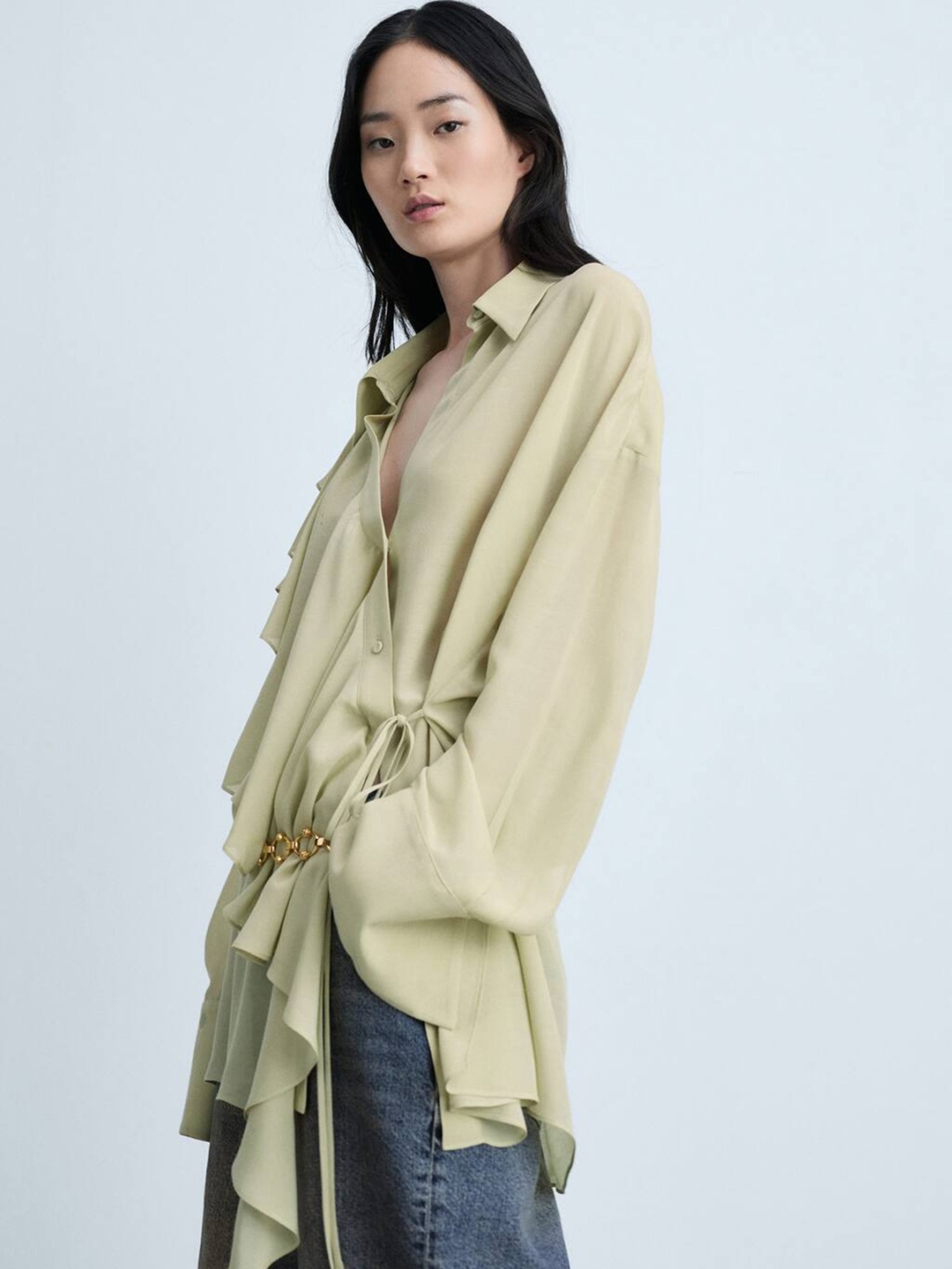 

MANGO Tie Up Drop Shoulder Sleeves Shirt, Green