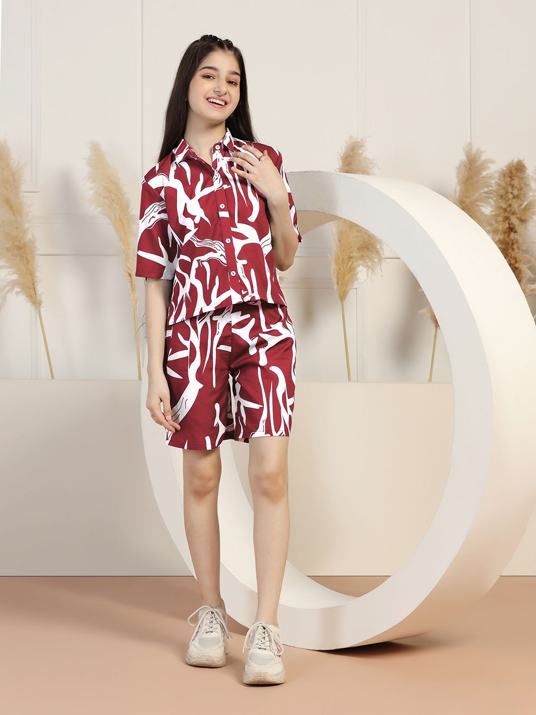 

OMPAX Girls Abstract Printed Shirt With Short, Maroon