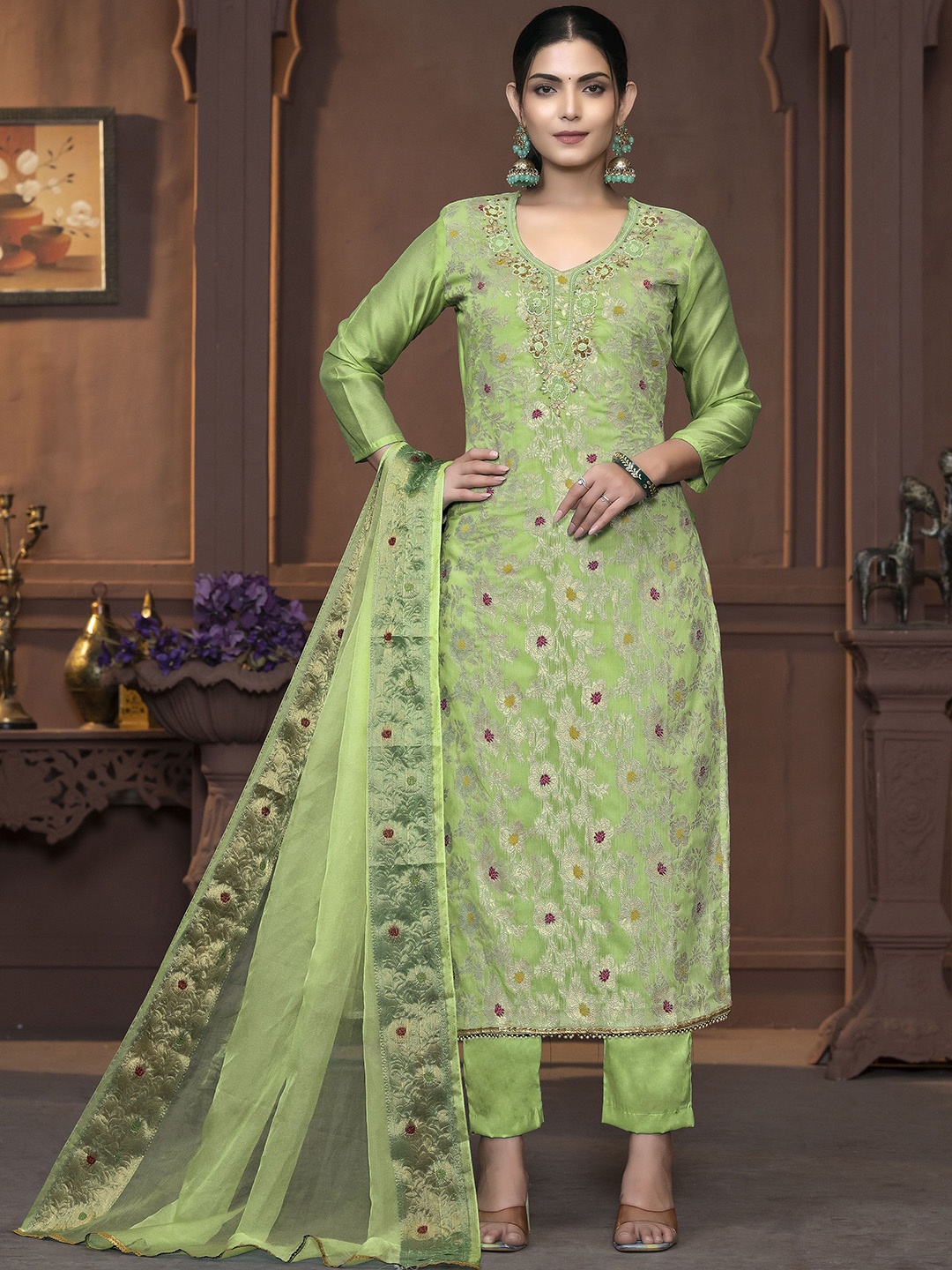

MANVAA Floral Embellished Sequinned Unstitched Dress Material, Lime green