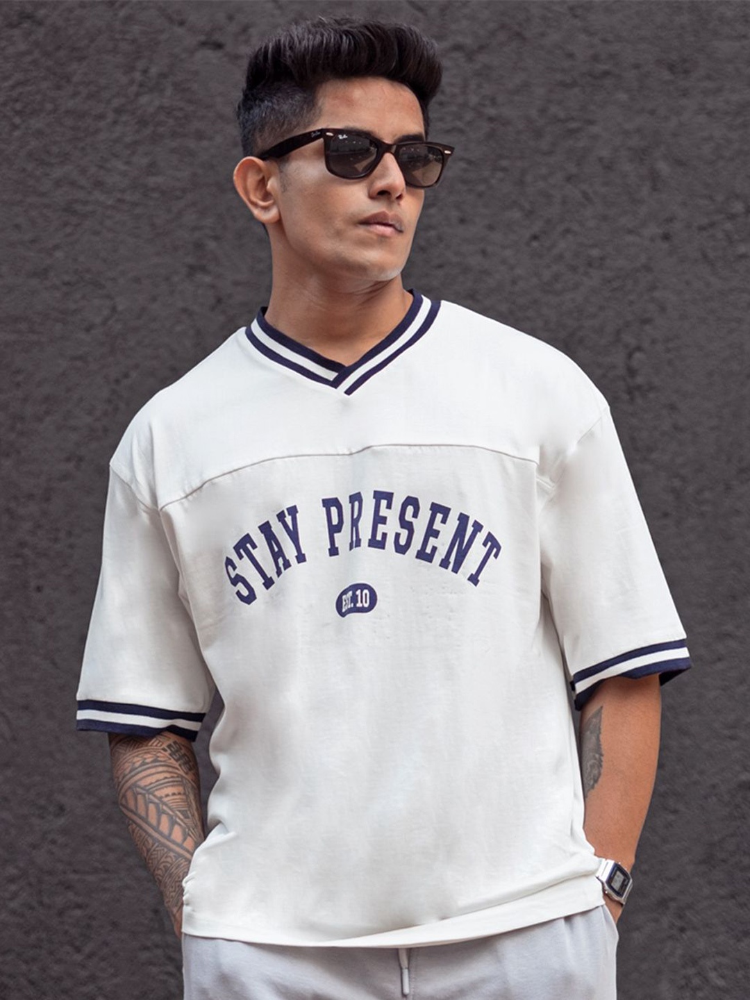 

Powerlook Men Typography Printed Round Neck Cotton Oversized T-shirt, White