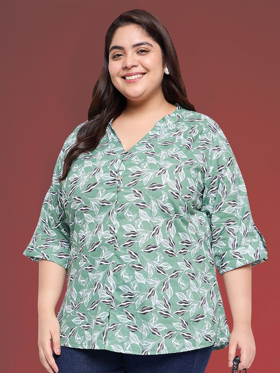 

wild U Women Plus Size Floral Printed Mandarin Collar Cotton Top, Green