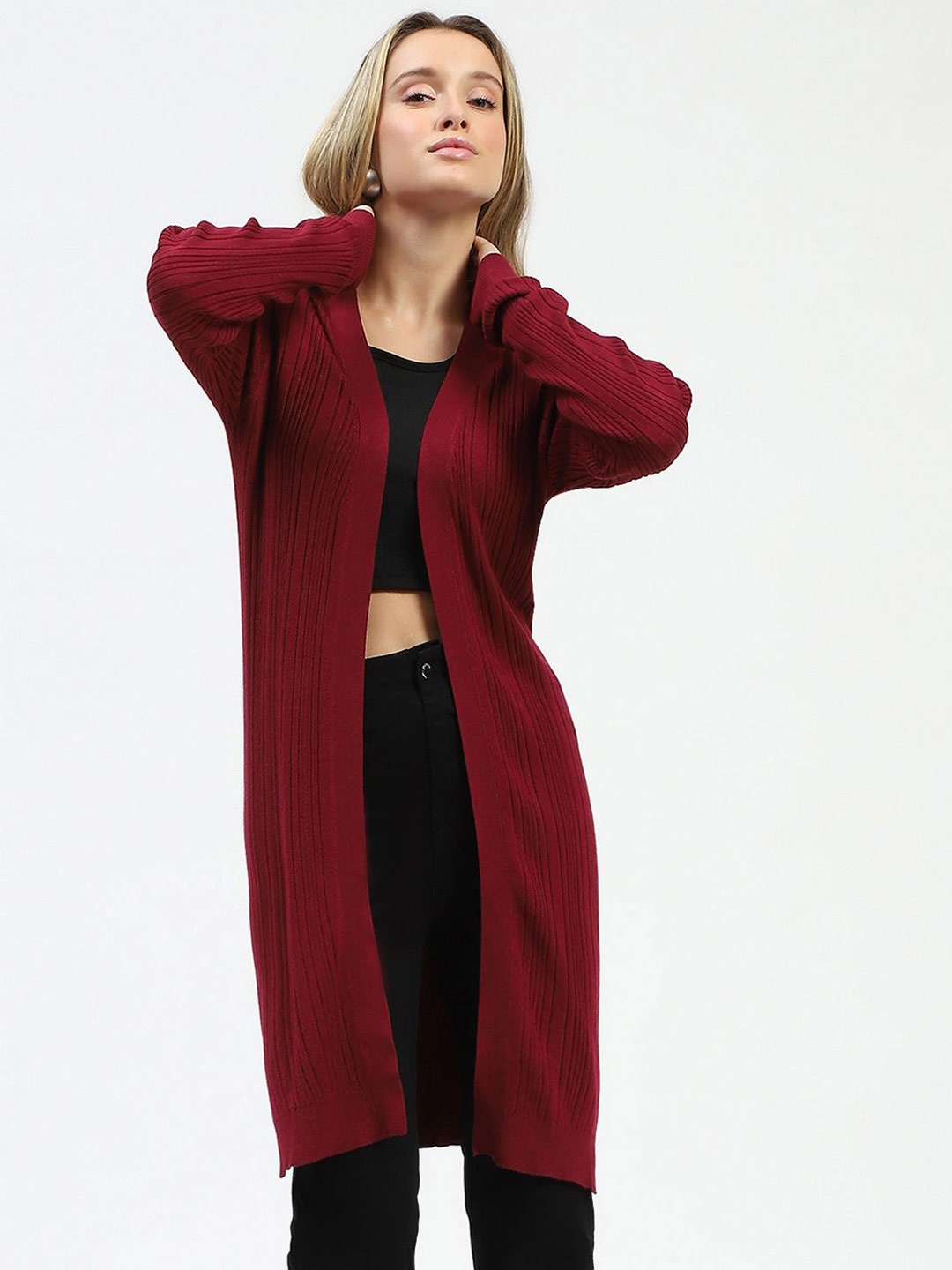 

Madame Self Design Longline Shrug, Maroon