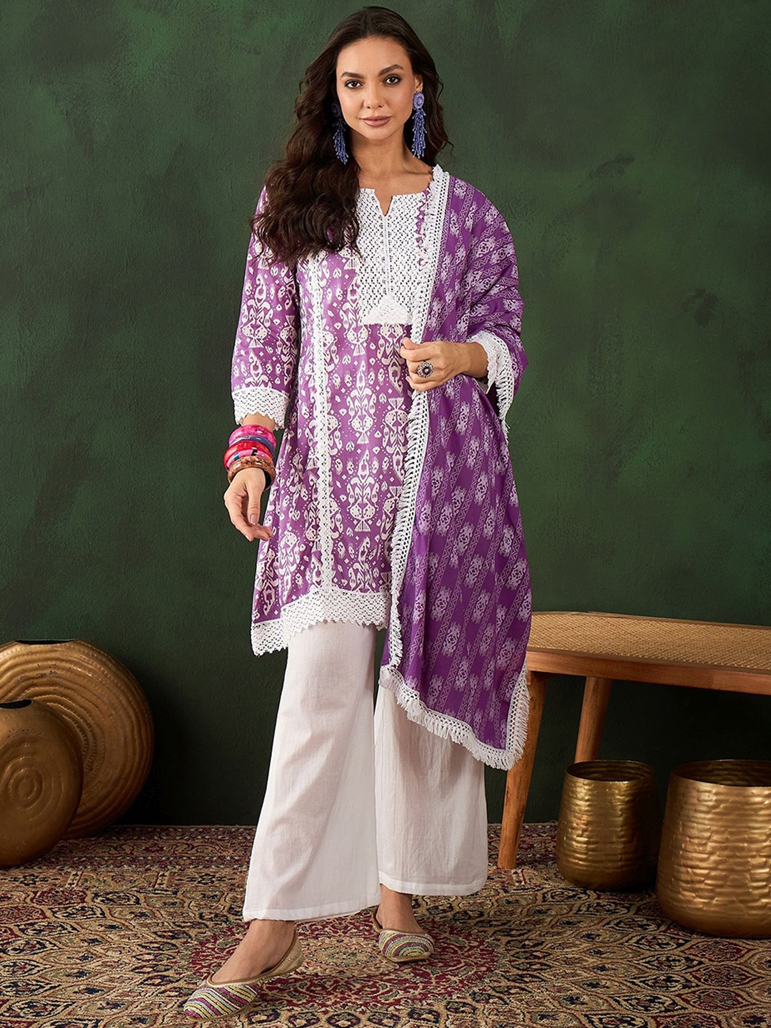 

Sangria Paisley Printed A-Line Kurta With Palazzo & Dupatta Set, Purple