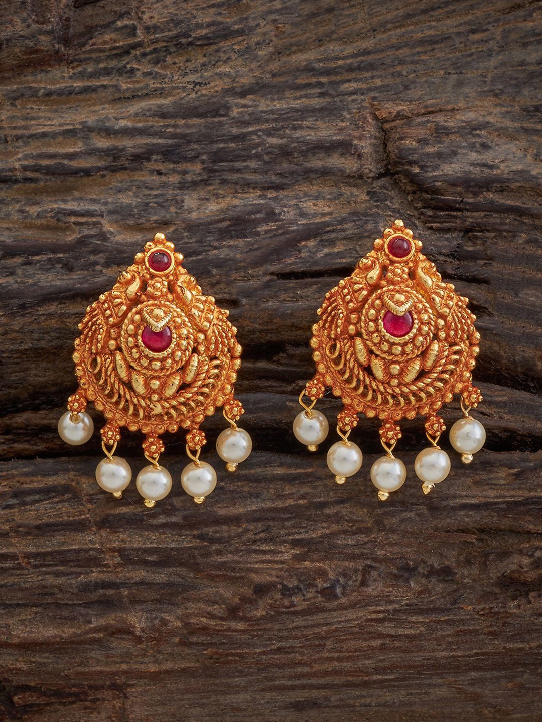 

Kushal's Fashion Jewellery Gold-Plated Artificial Beads Oval Studs, Red