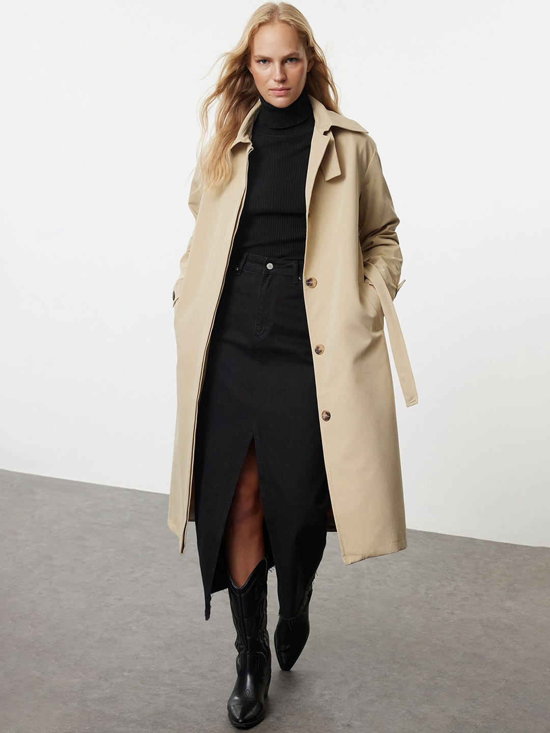 

Trendyol Pure Cotton Single-Breasted Overcoats, Beige