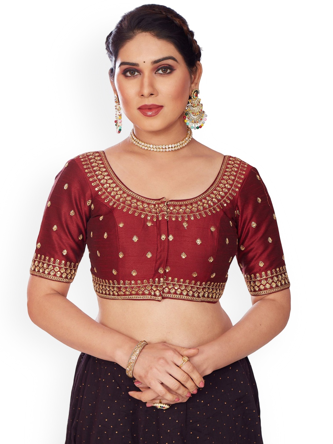 

Mmore Embroidered Padded Saree Blouse, Maroon