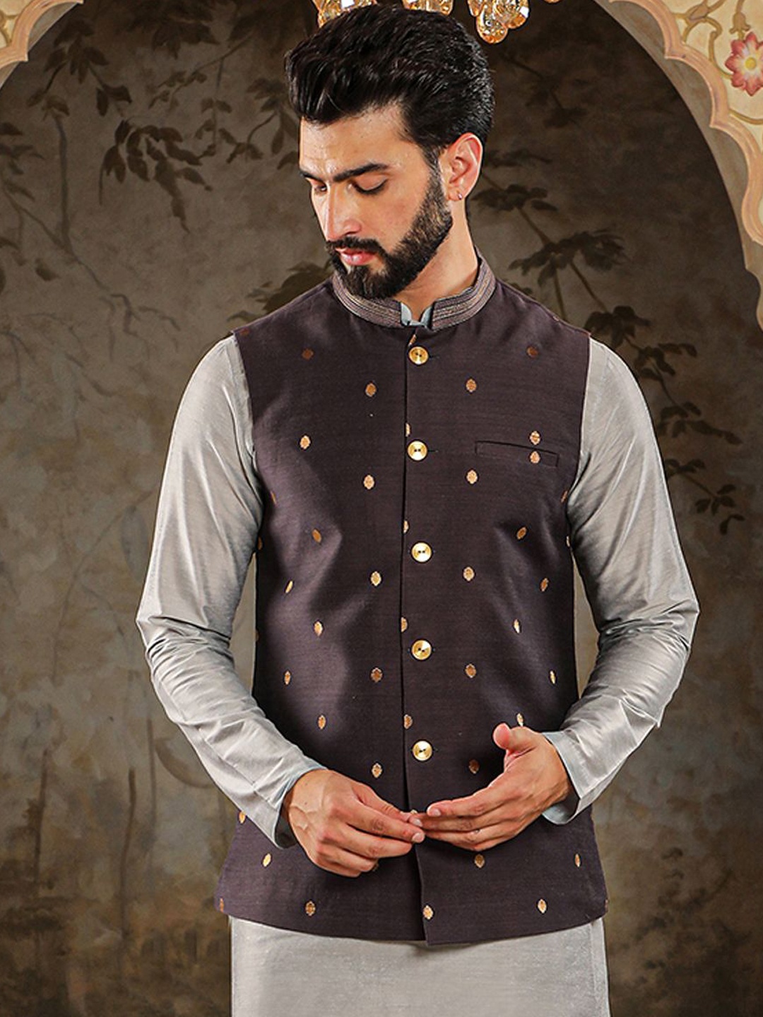 

HOUSE OF DEYANN Woven Design Nehru Jackets, Silver