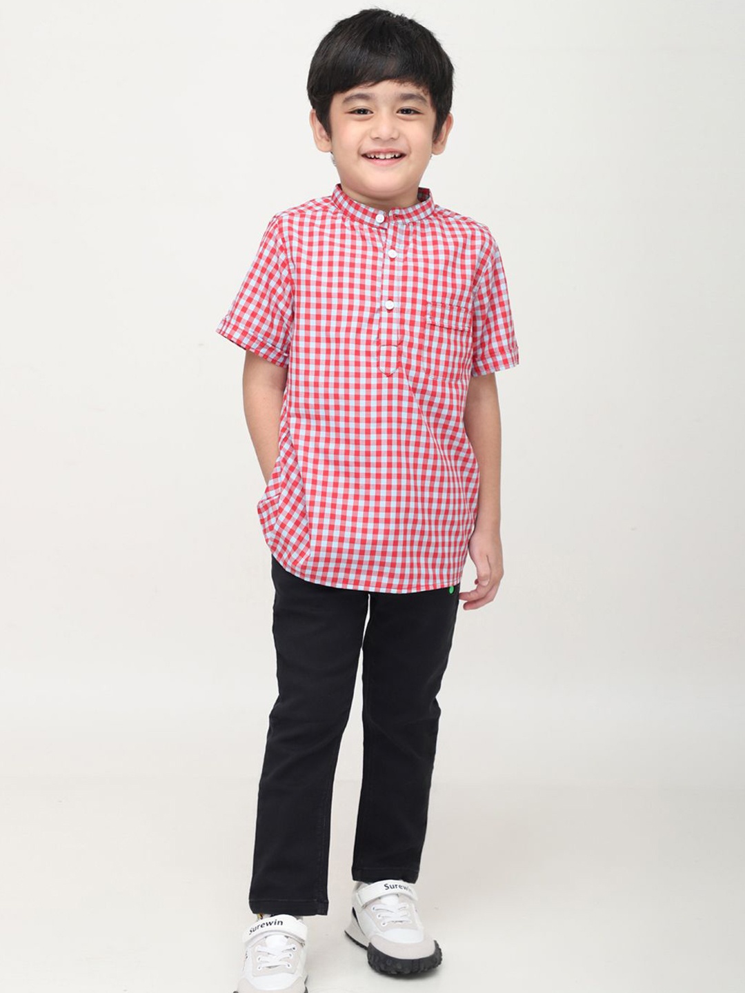 

Biglilpeople Boys Standard Mandarin Collar Checked Cotton Casual Shirt, Red