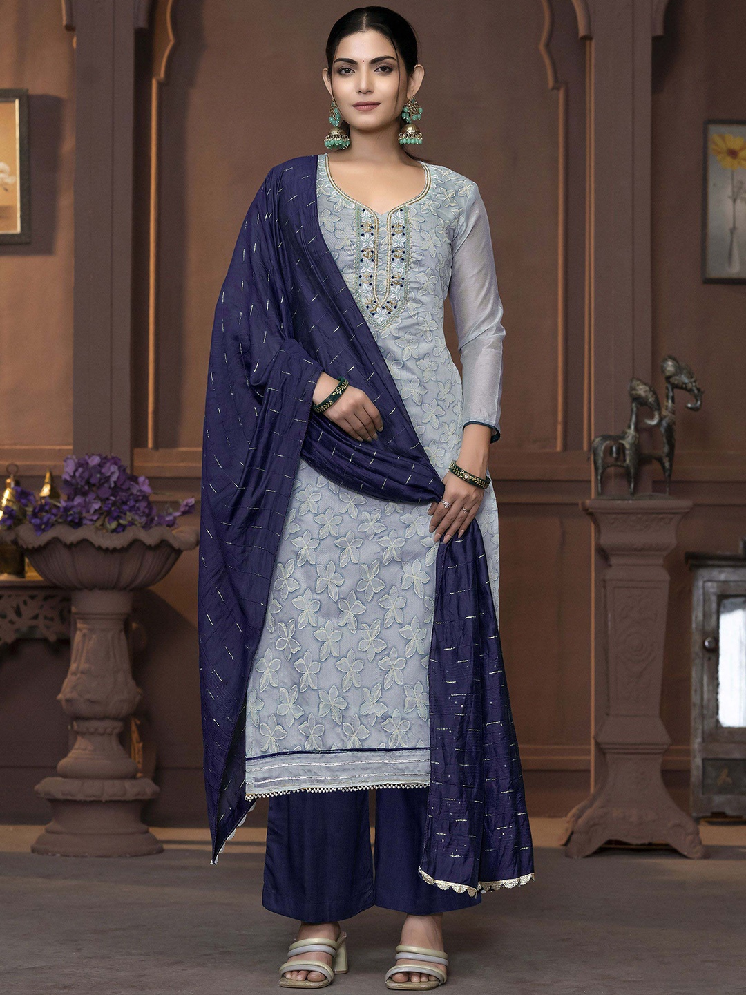 

Maroosh Beads & Stones Unstitched Dress Material, Grey