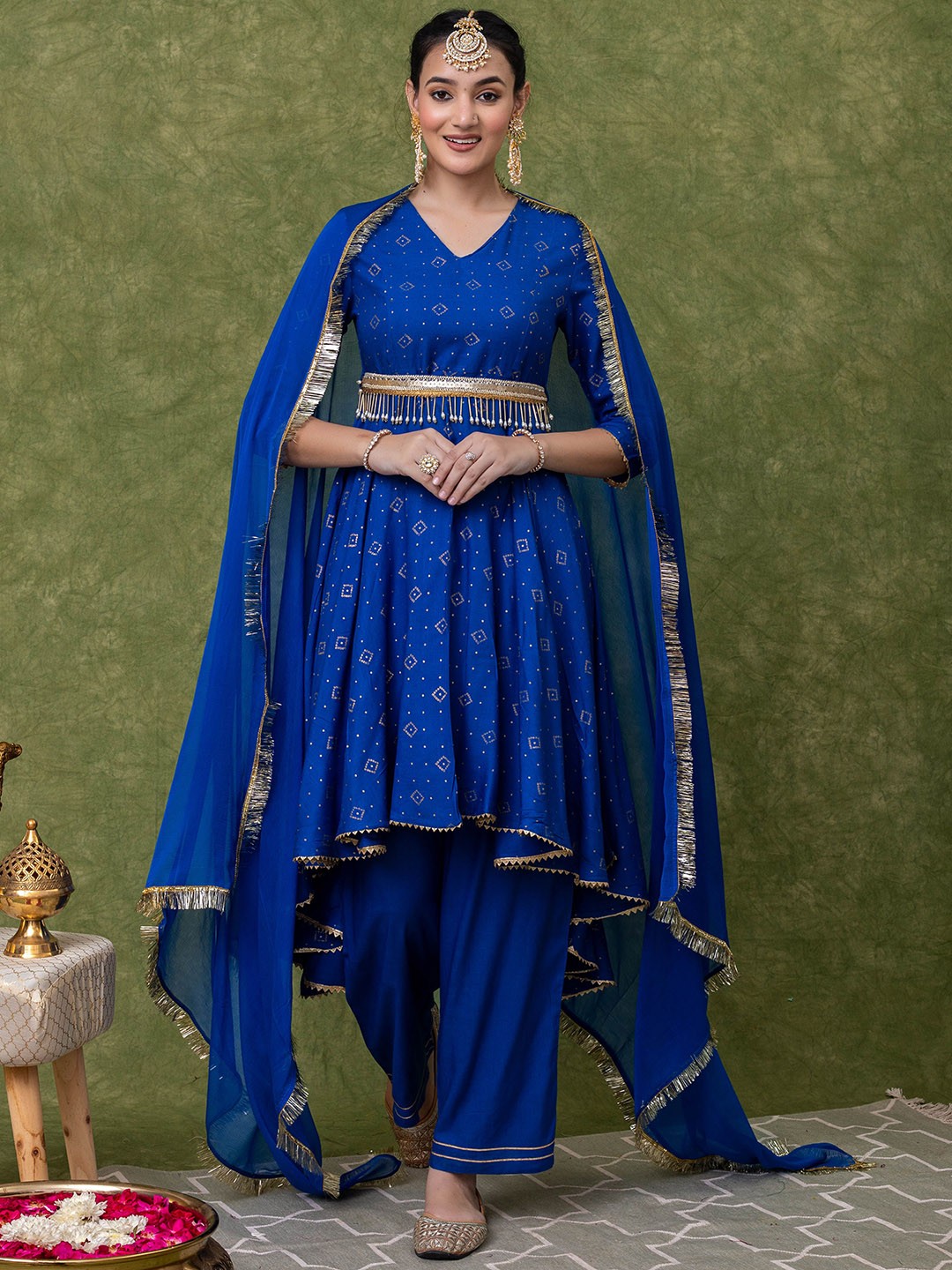

HERE&NOW Women Printed Empire Kurta with Palazzos & With Dupatta, Blue