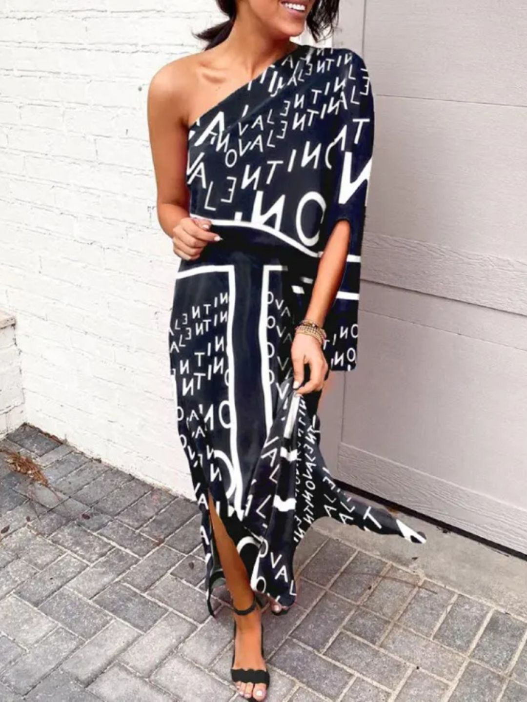 

KPOP Women Floral Print One Shoulder A-Line Maxi Dress, Black