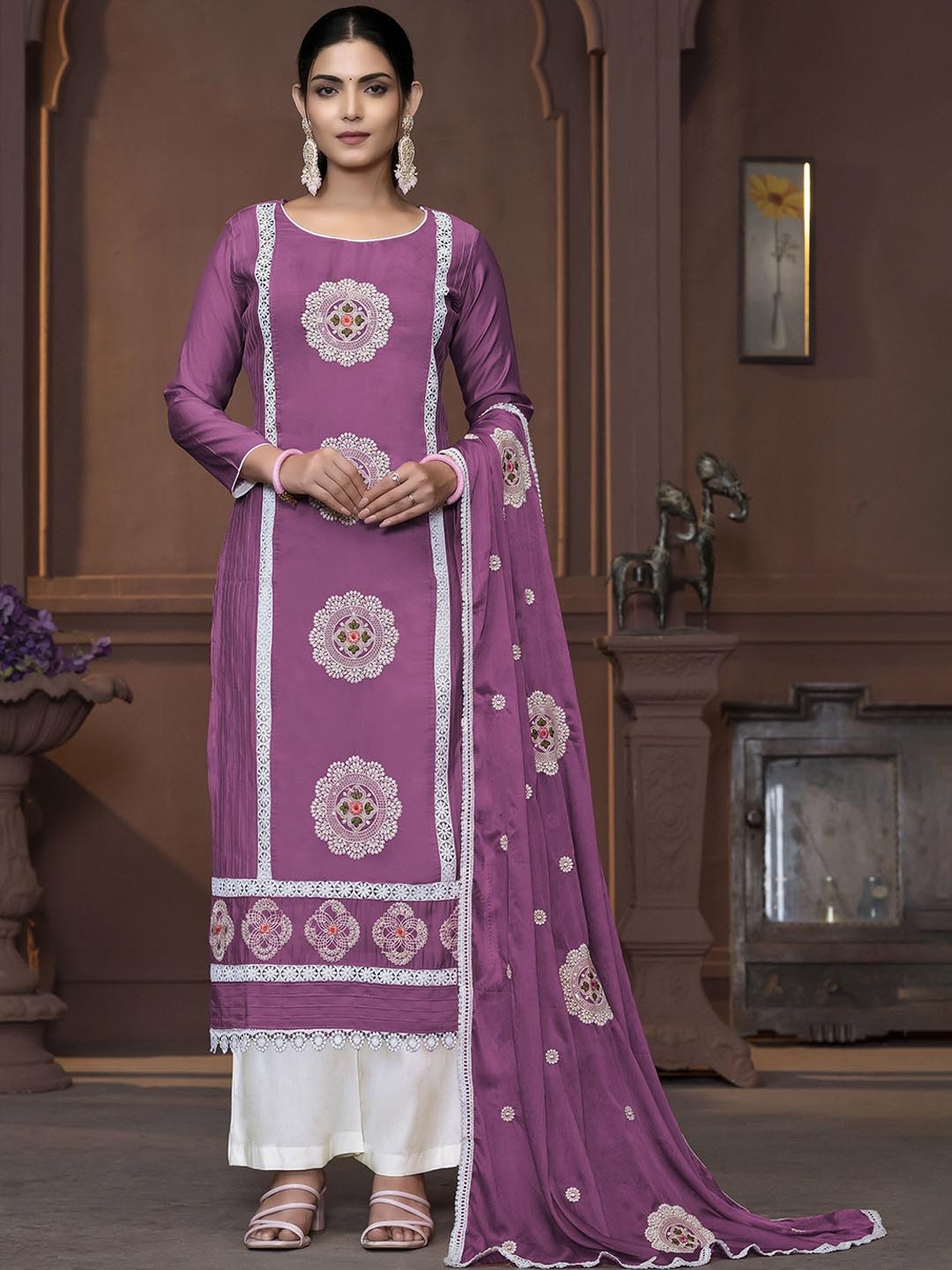 

Maroosh Floral Embroidered Thread Work Unstitched Dress Material, Purple