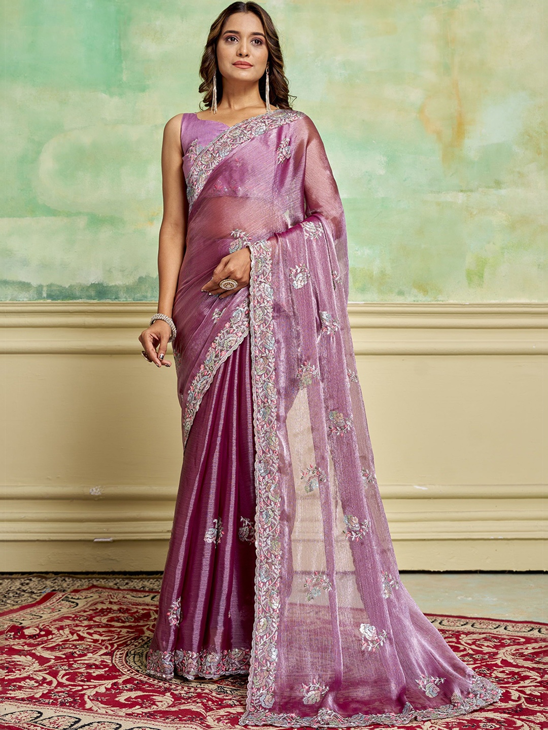 

KAYOMMI Floral Embroidered Baluchari Saree, Purple