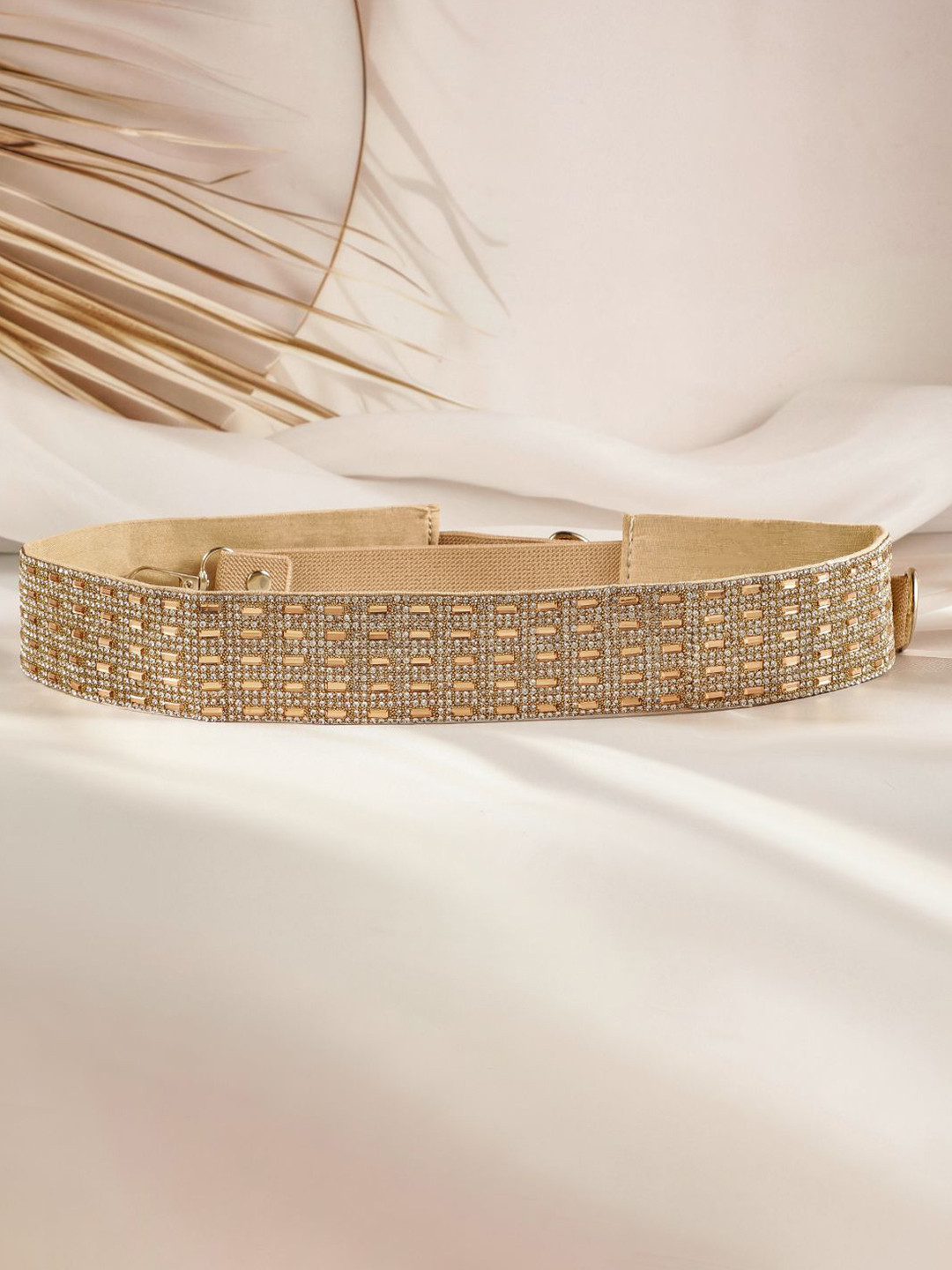 

Rubans Gold-Toned Crystal Zirconia Studded Square Pattern Adjustable Waist Belt