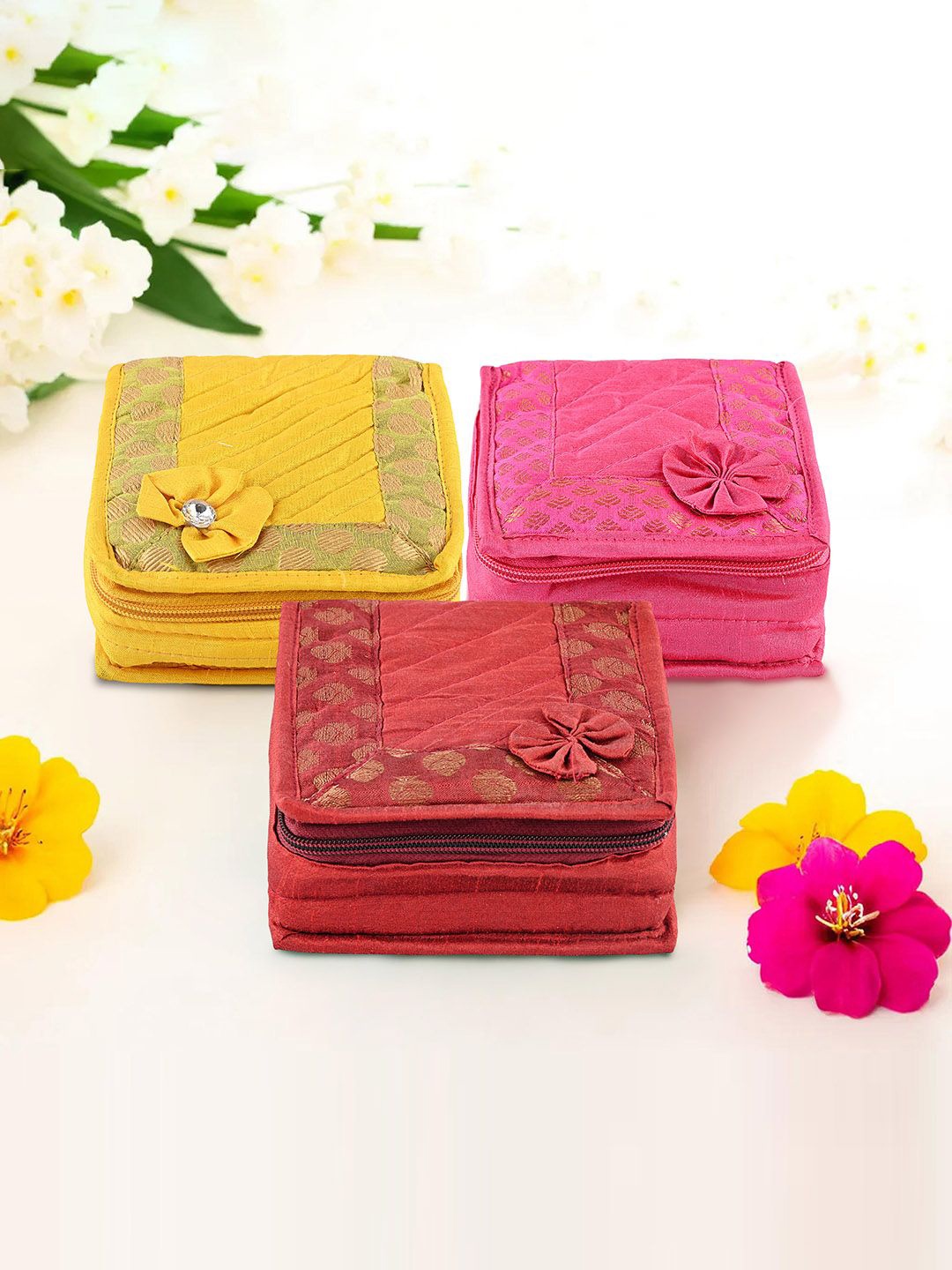 

Kuber Industries Yellow & Pink 3 Pieces Printed Jewellery Organisers