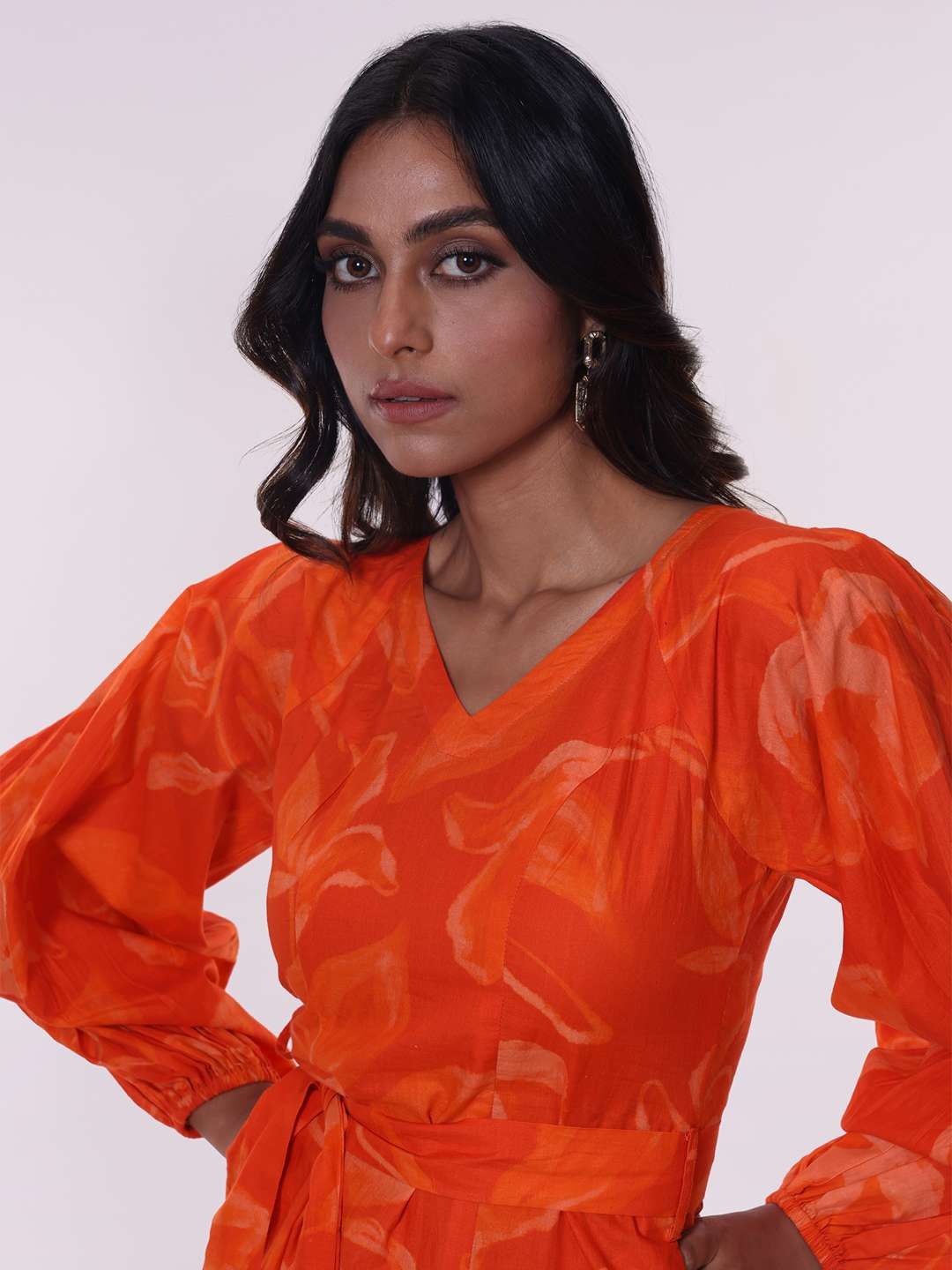 

POPPI Women Floral Printed Cotton V-Neck A-Line Dress, Orange