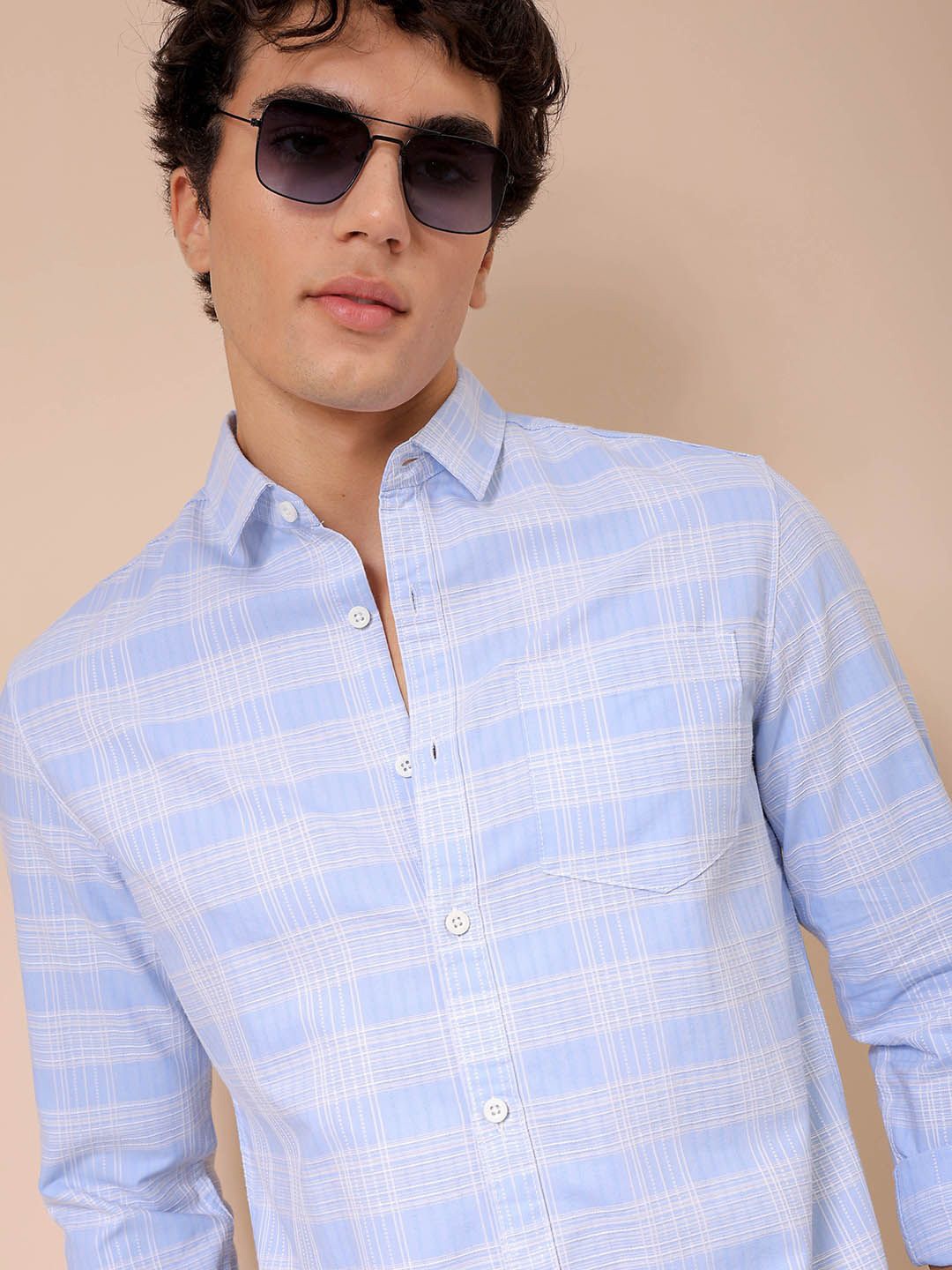 

The Indian Garage Co Men Spread Collar Tartan Checked Cotton Slim Fit Casual Shirt, Blue