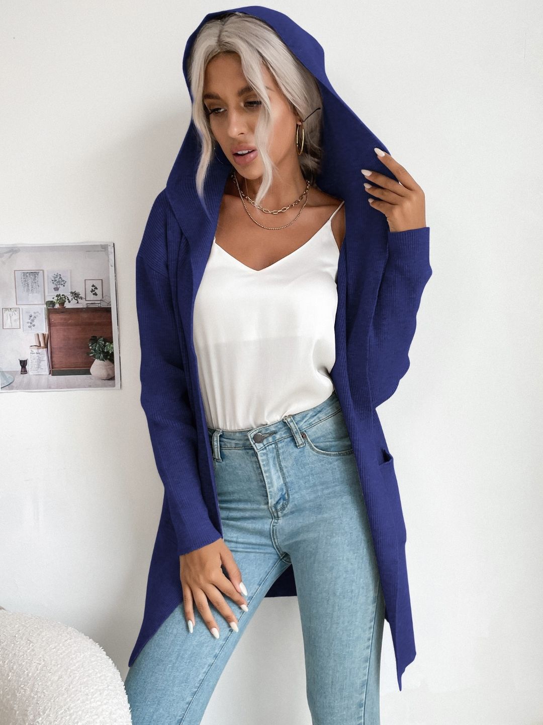 

KPOP Women Ribbed Longline Hooded Cardigan, Blue
