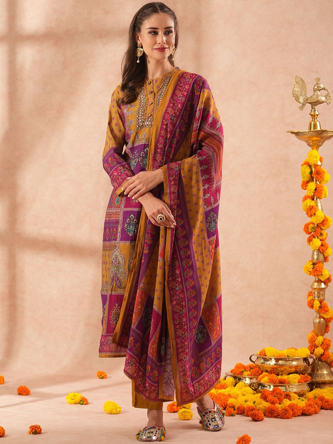 

FASHOR Women Ethnic Motifs Printed Regular Beads and Stones Kurta with Trousers & With Dupatta, Purple