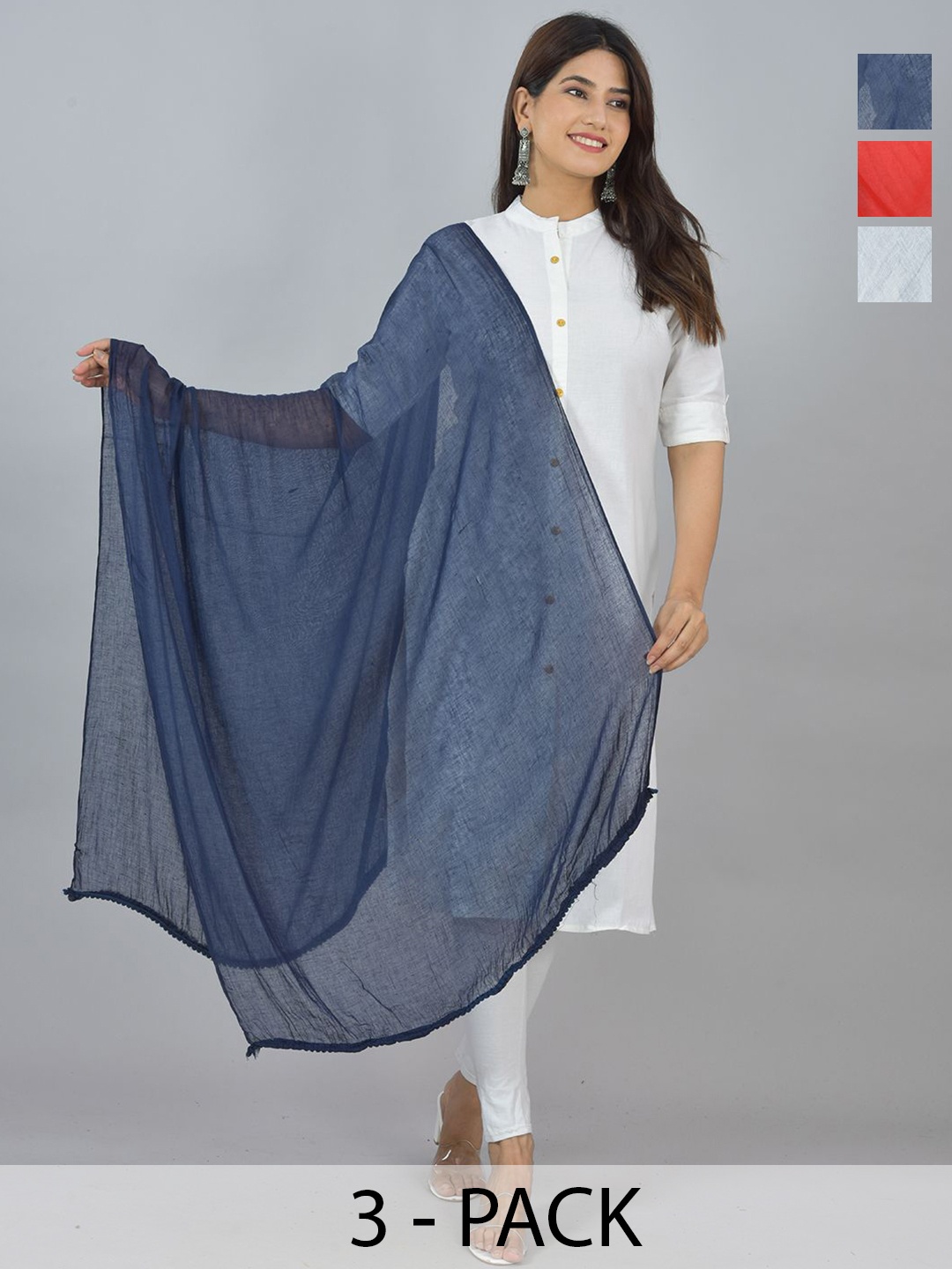 

LA FEMINAE Pack Of 3 Pure Cotton Dupattas, White