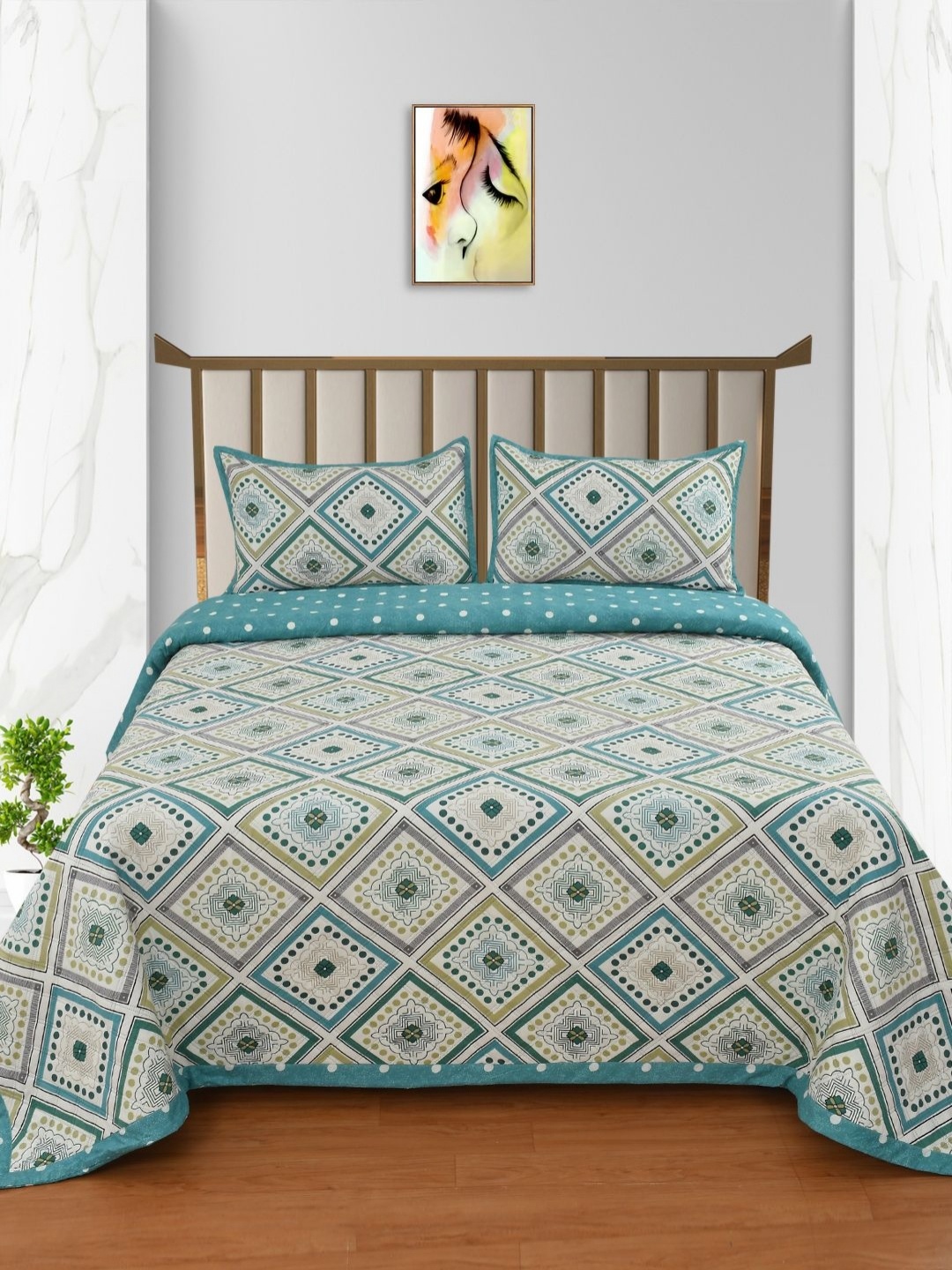 

BELVOSTUM Green & White Ethnic Motifs 250 TC King Bedsheet with 2 Pillow Covers