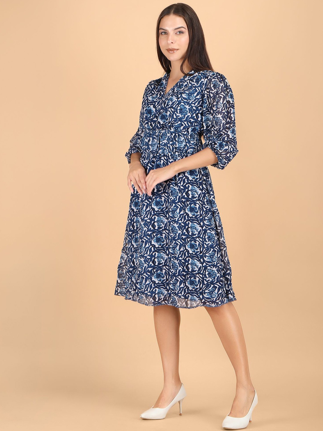 

Sipsew Women Print Bishop Sleeve Georgette Fit & Flare Midi Dress, Blue