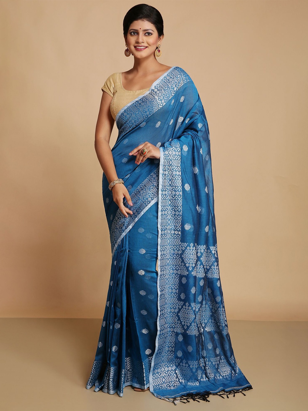 

WoodenTant Woven Design Ethnic Motifs Zari Pure Cotton Khadi Saree, Turquoise blue