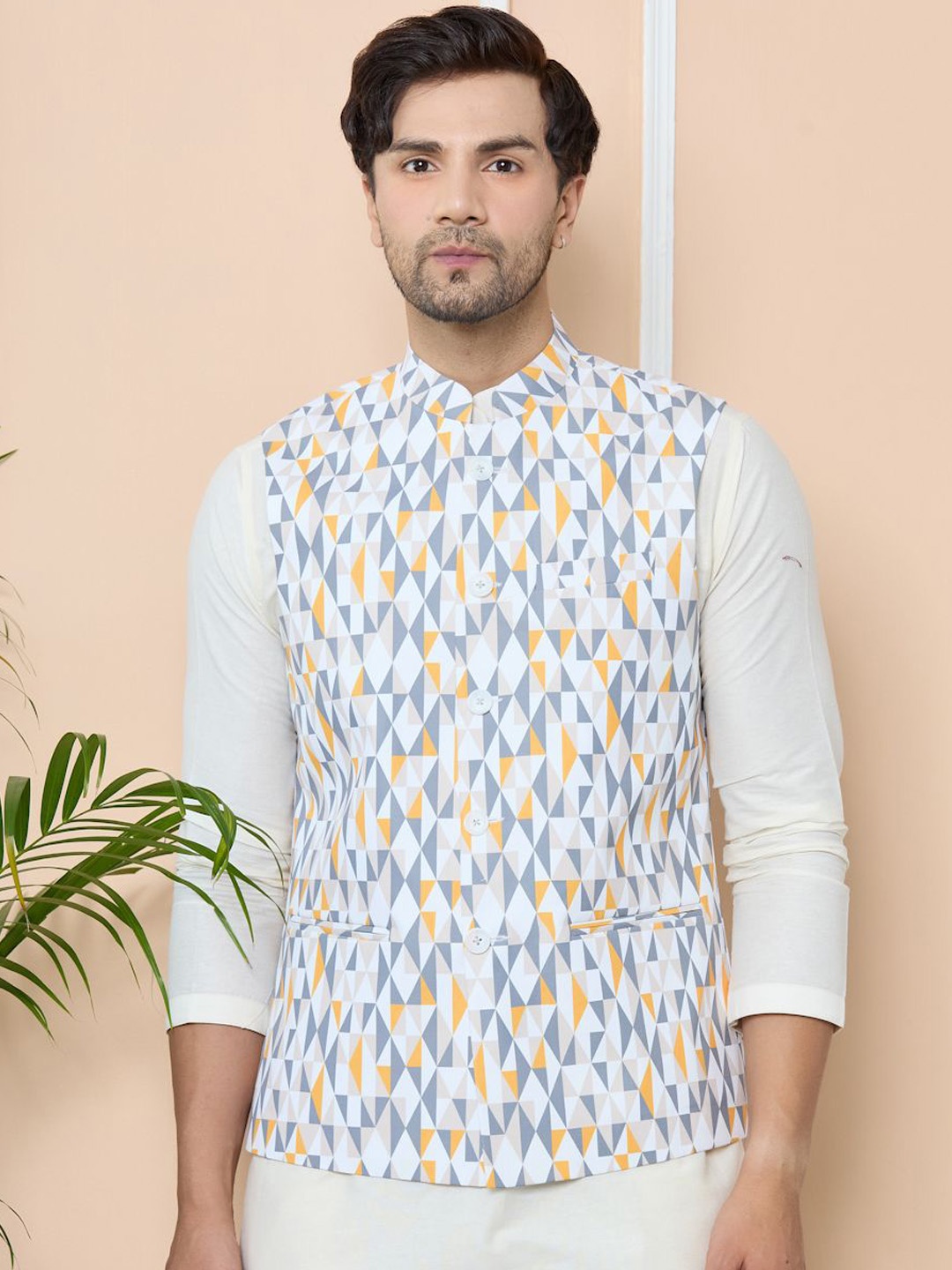 

See Designs Printed Slim Fit Cotton Nehru Jacket, Grey