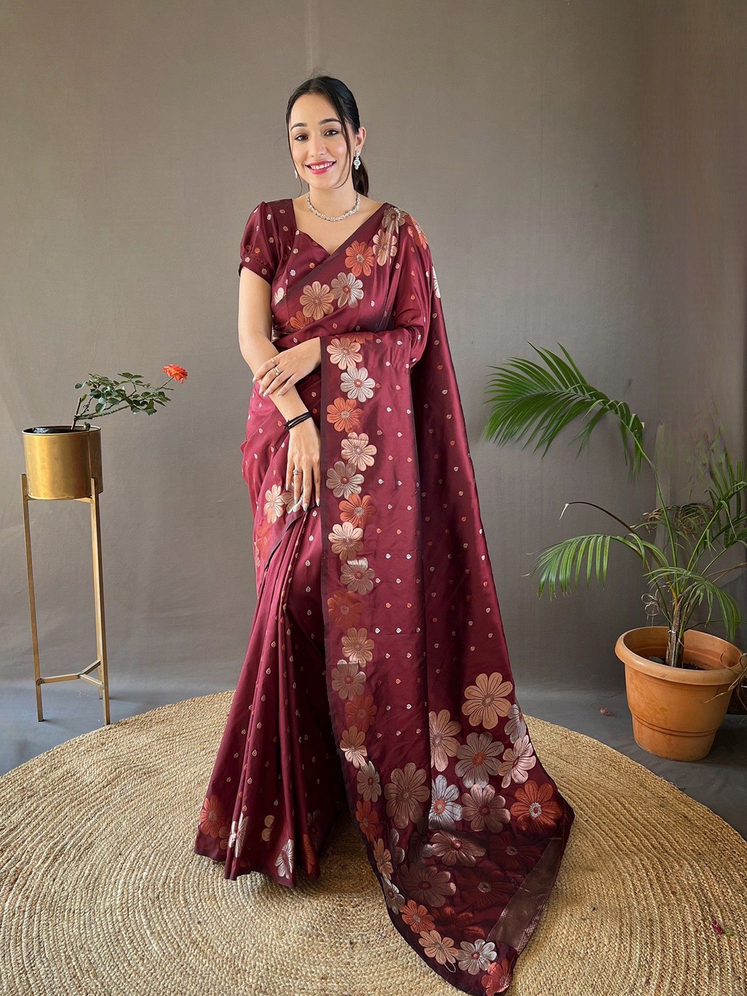 

KSM PRINTS Woven Design Printed Zari Pure Silk Banarasi Saree, Maroon