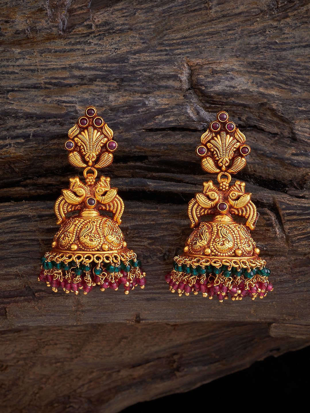 

Kushal's Fashion Jewellery Gold Plated 92.5 Pure Silver Artificial Stones Temple Jhumkas, Red