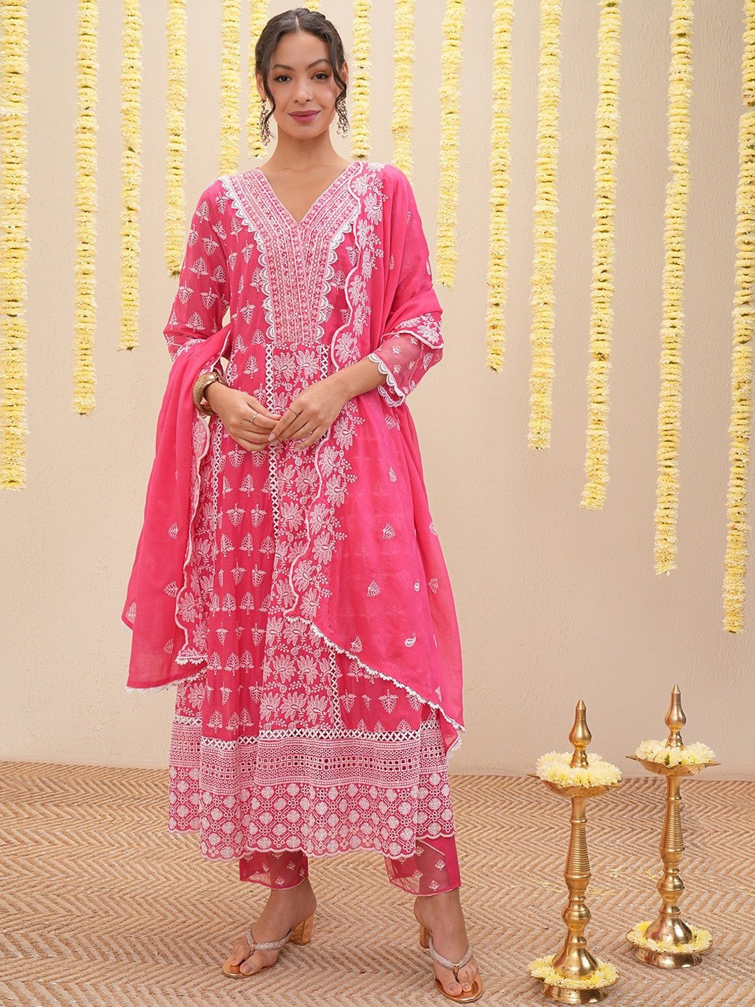 

Vishudh Pink Ethnic Motifs Embroidered Cotton Anarkali Kurta with Trousers & Dupatta