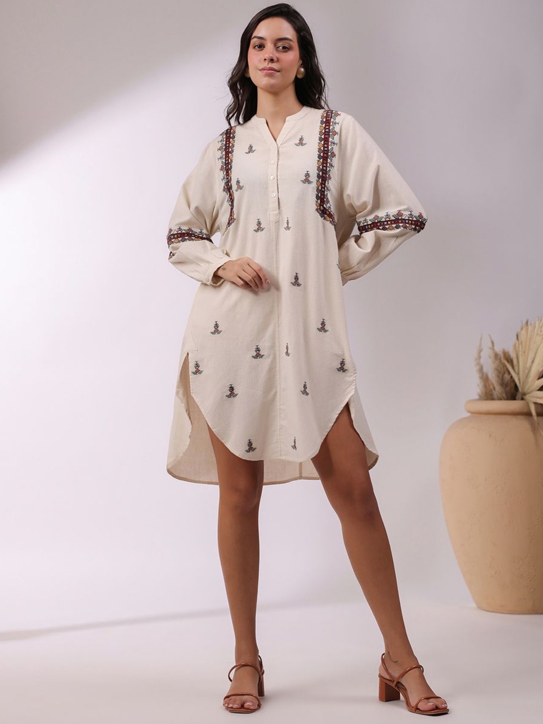 

Nyaro Embroidered Shirt Dress, Beige